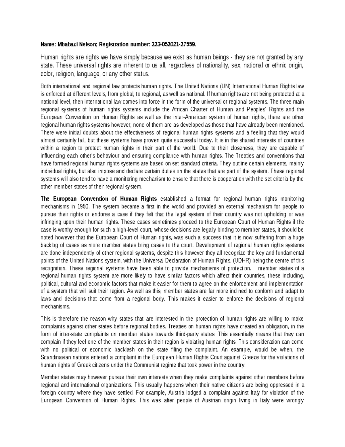 HR 101: Human Rights Coursework - Regional Systems & Compliance - Studocu