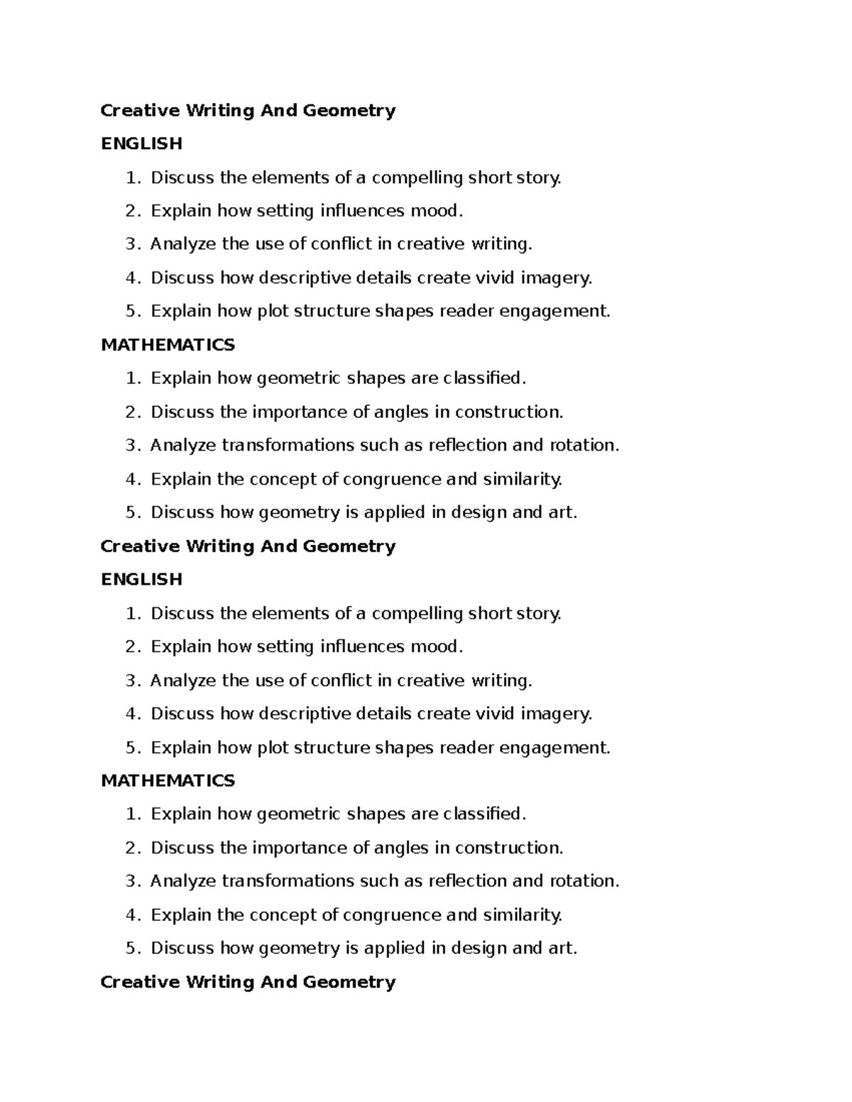 Creative Writing & Geometry Overview: ENGLISH 1 & MATH Concepts - Studocu