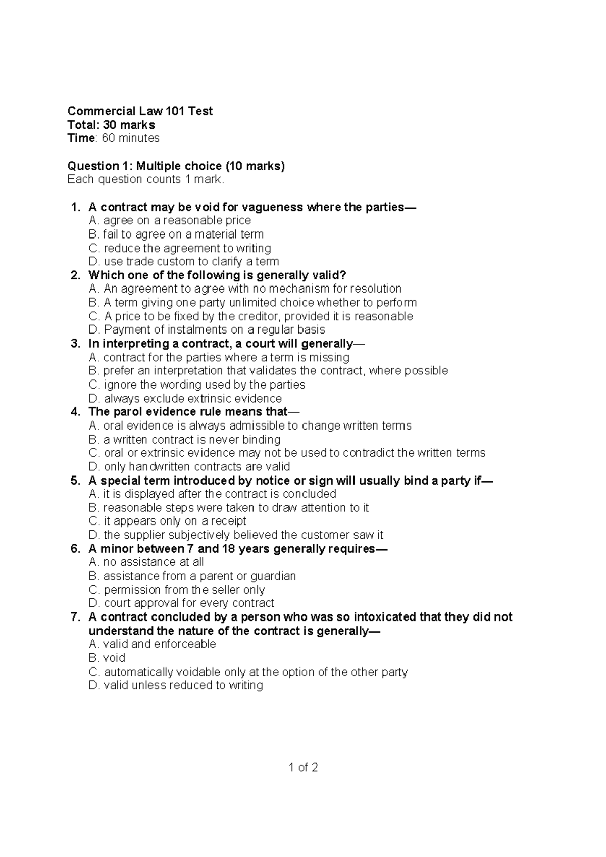 COL 101 Test: Commercial Law 101 - 30 Marks, 60 Minutes - Studocu