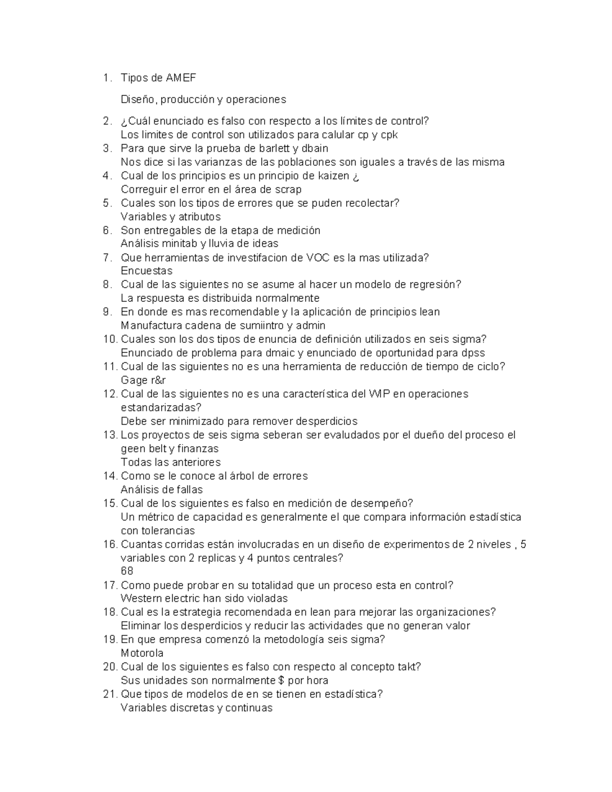 six sigma questionnaire - Tipos de AMEF Diseño, producción y ...