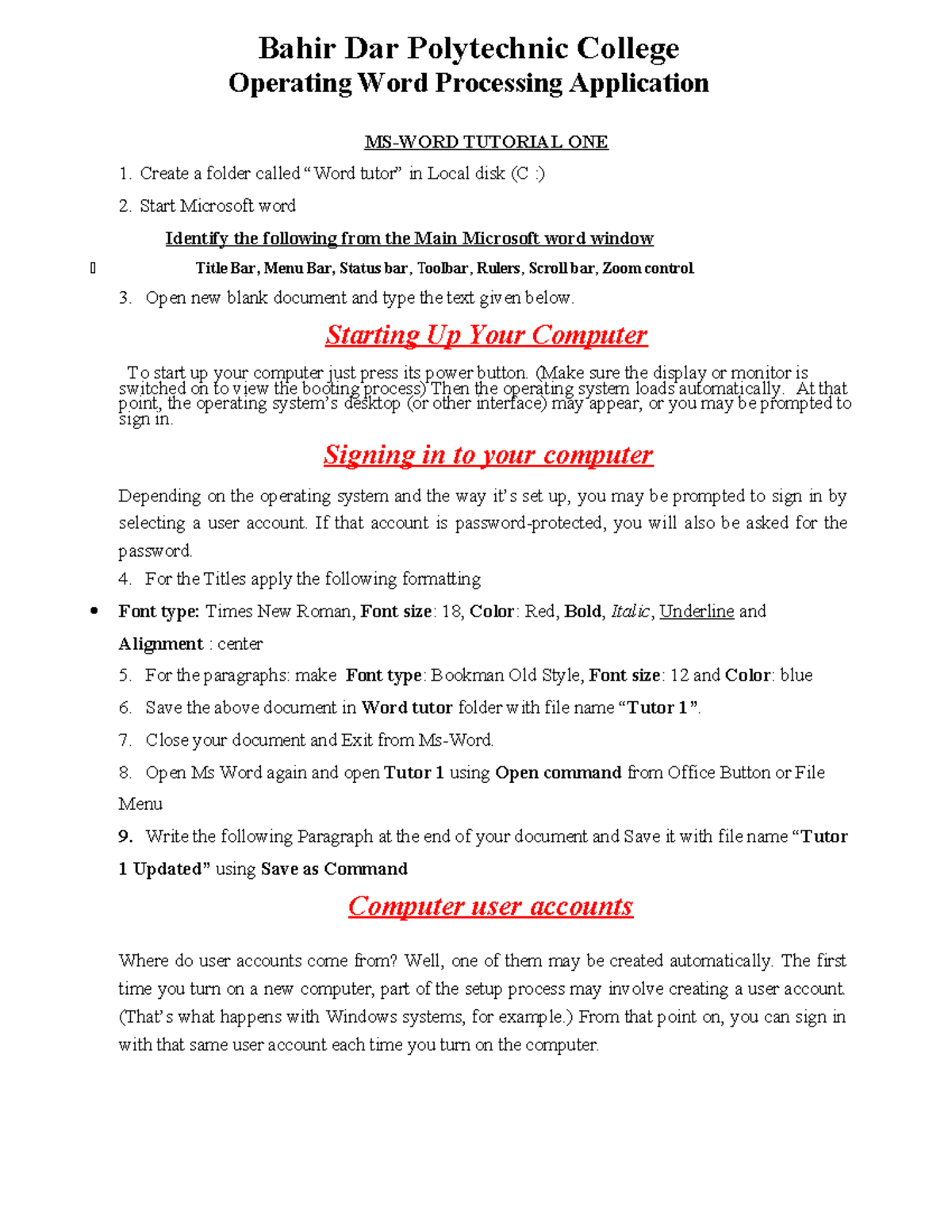 Basic Digital Skill Ms Word Tutor 1 - Operating Word Processing ...