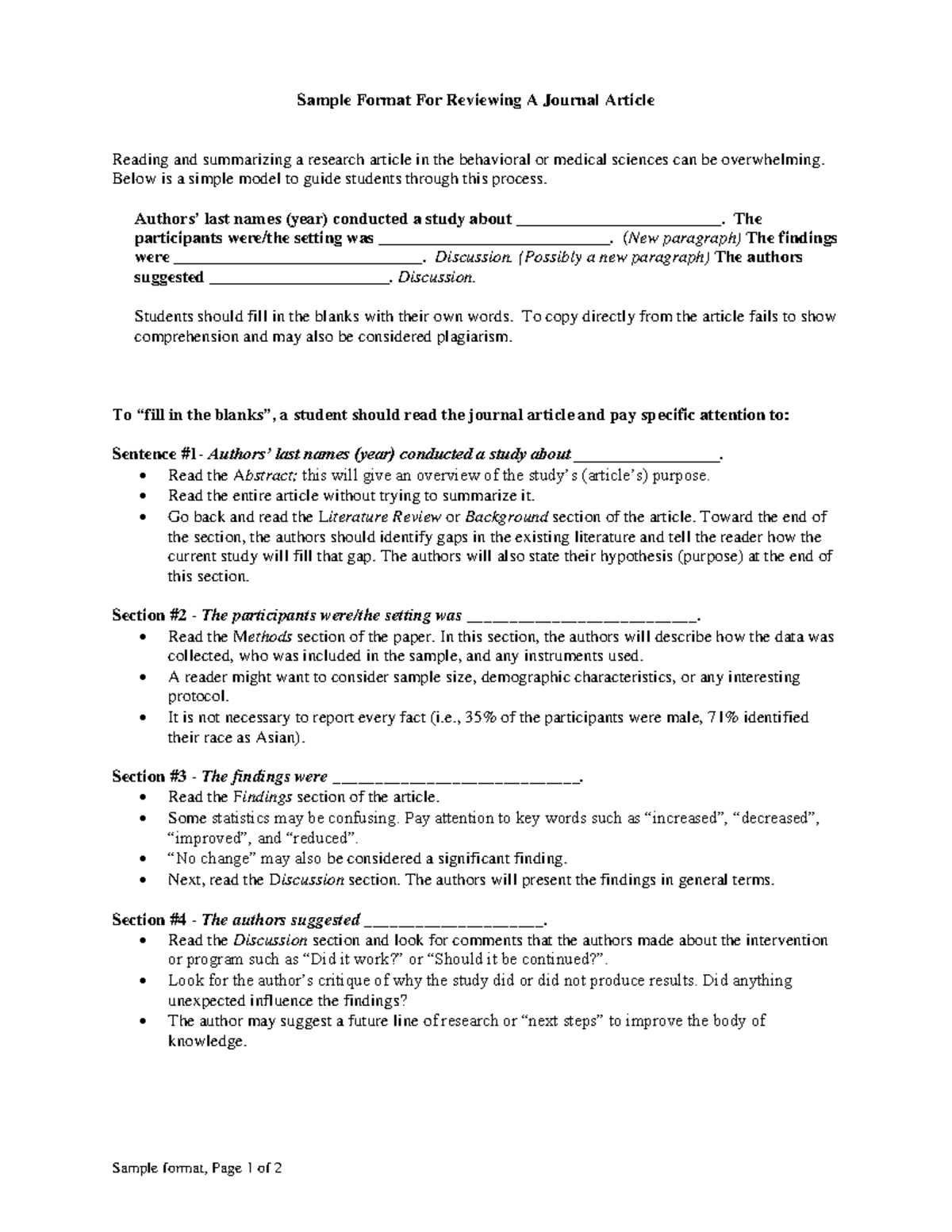 Journal Article Review Format Guide for Behavioral/Medical Sciences ...