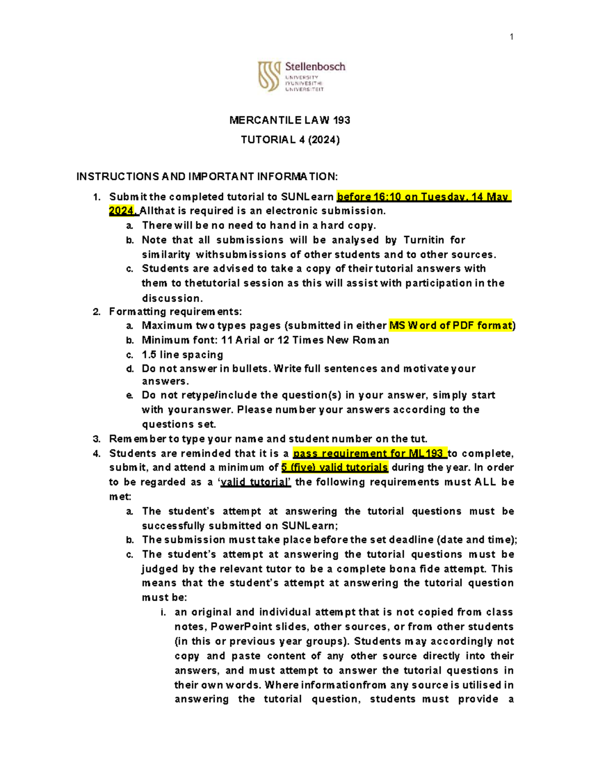 ML193 (2024) - Tutorial 4 (English) - MERCANTILE LAW 193 TUTORIAL 4 ...