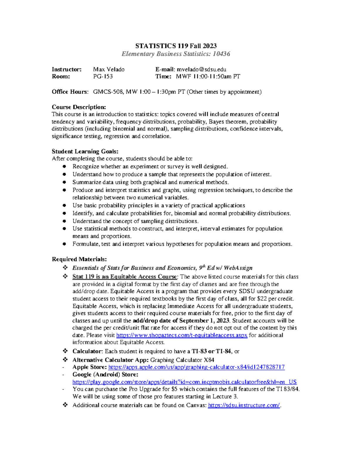 STAT119 Fall 2023 Syllabus: Intro to Business Statistics Overview - Studocu