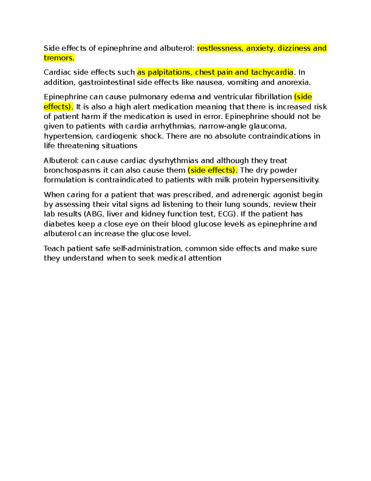 Pharmacology Exam 1: Summary of Epinephrine & Albuterol Side Effects ...