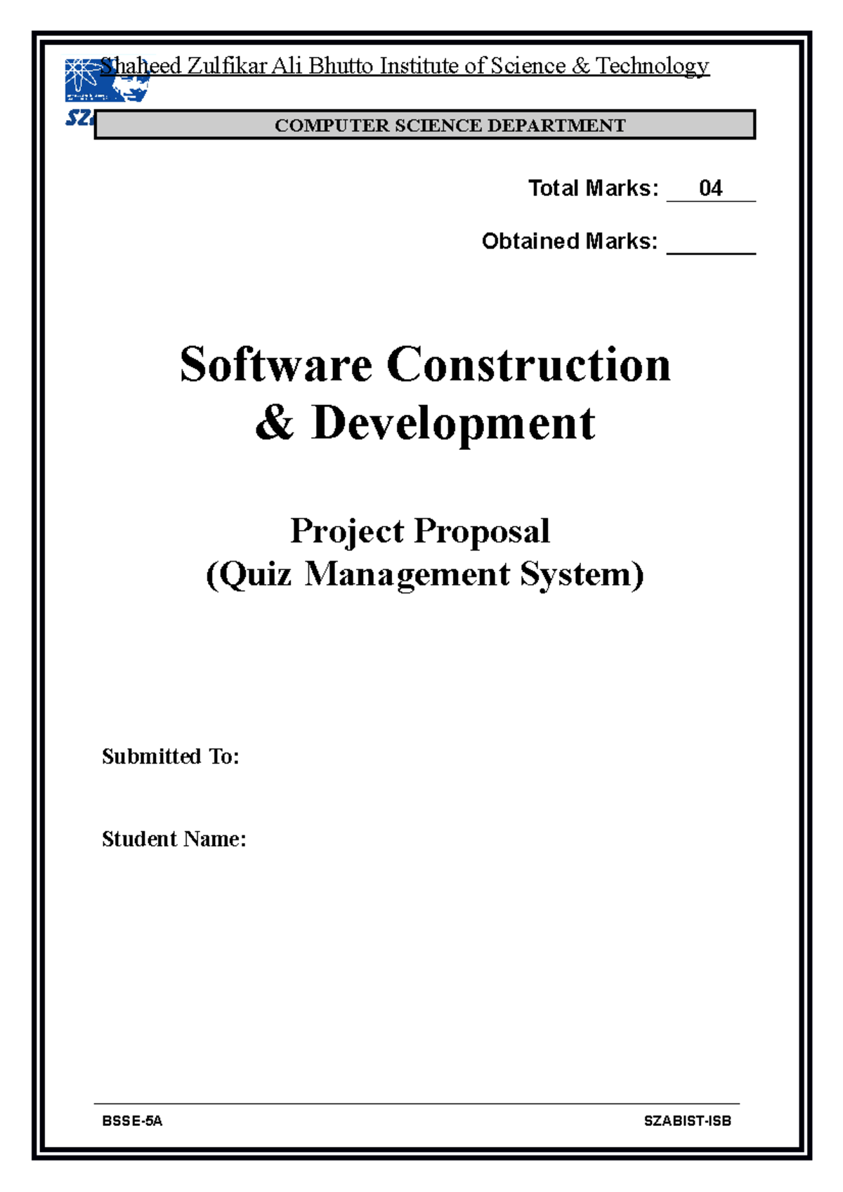 Quiz Management System: Project Proposal for CS Department - Studocu