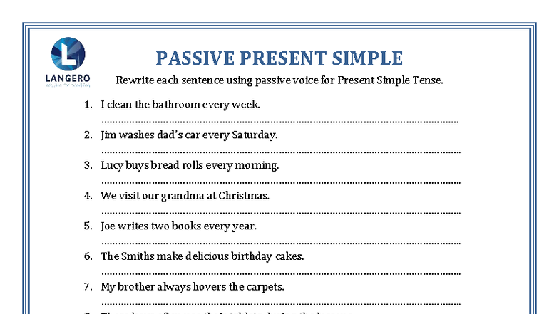 Langero PS Passive Voice Exercises: Present Simple Tense - Studocu