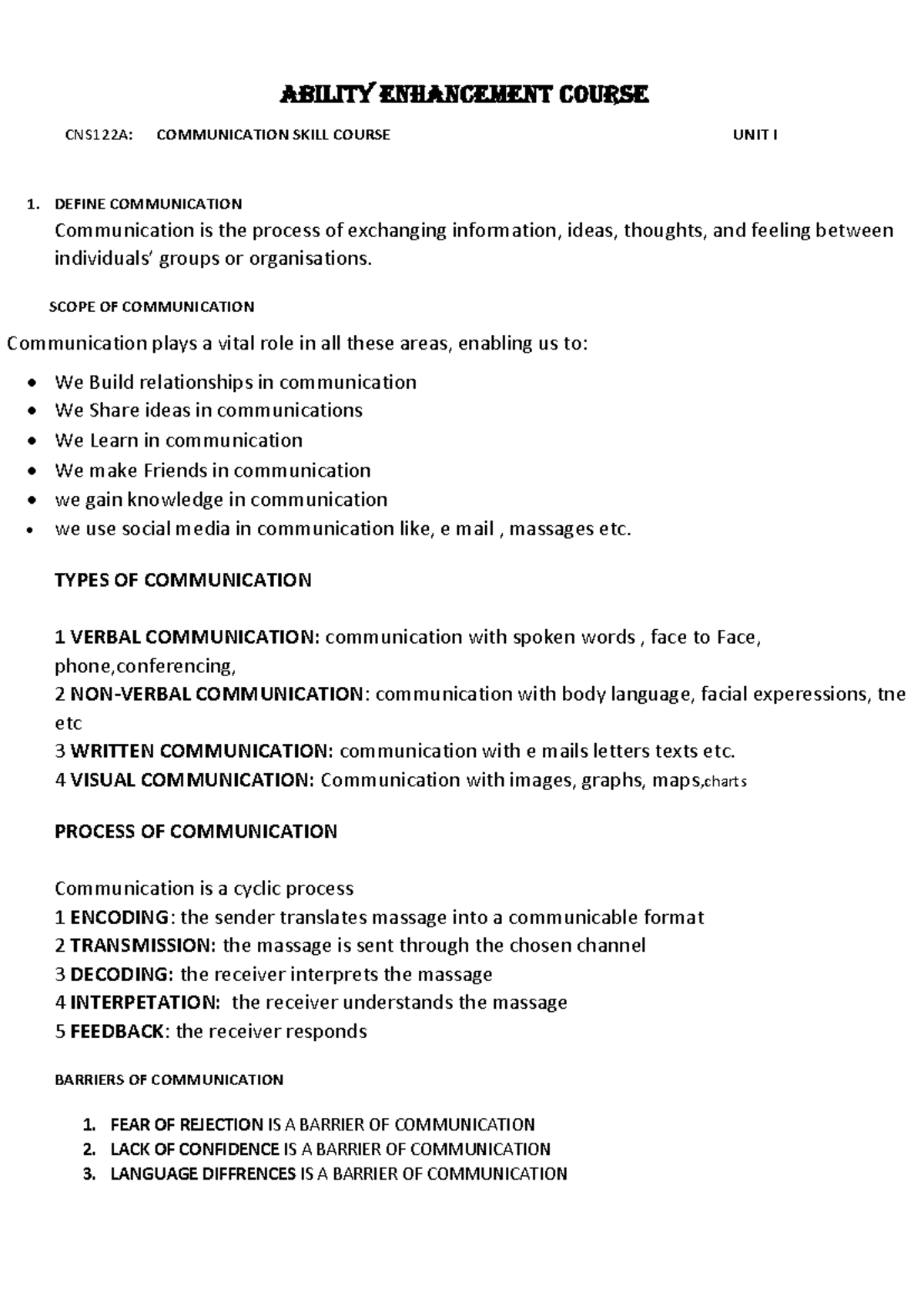 CNS122A: Communication Skills - Unit I Overview and Key Concepts - Studocu