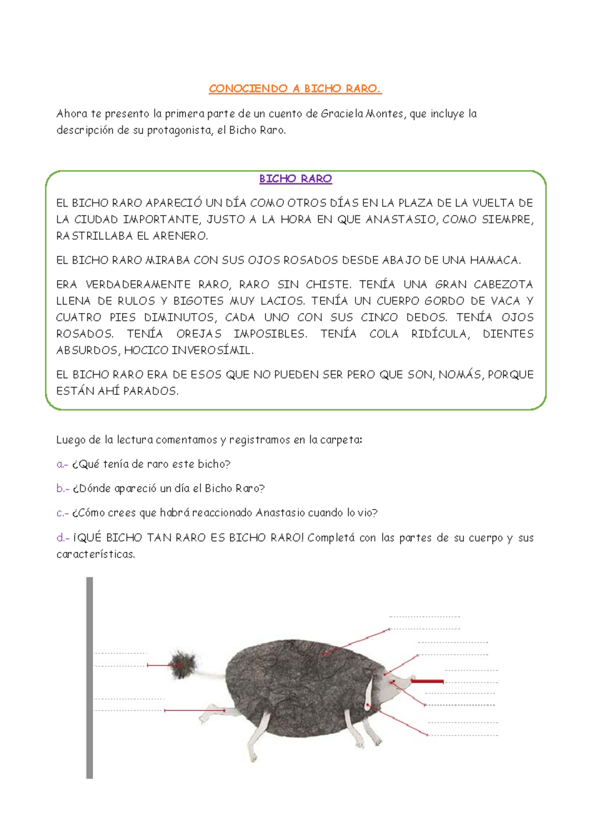 Actividades y Descripción del Bicho Raro - Cuento de Graciela Montes ...
