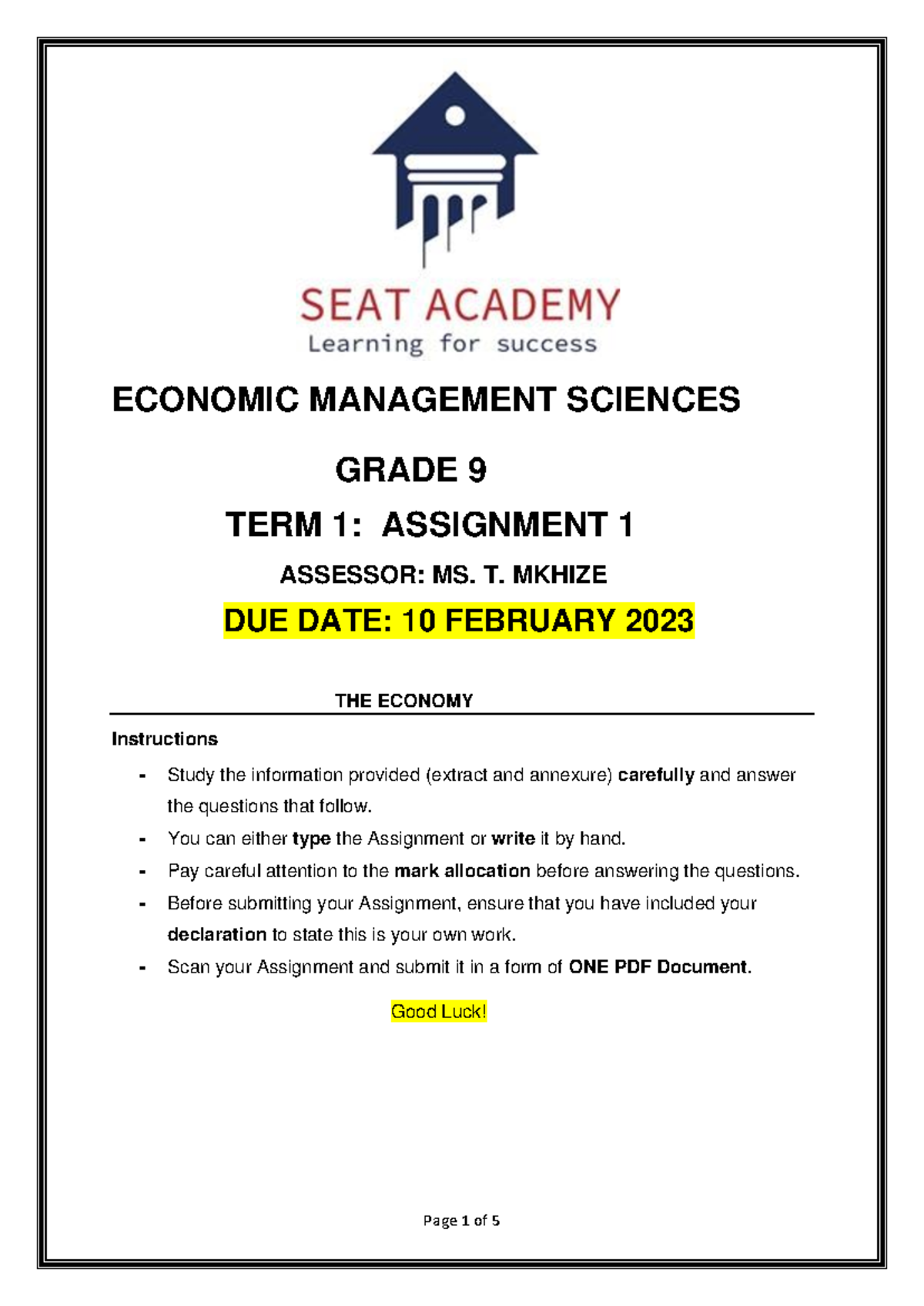 ECONOMIC MANAGEMENT SCIENCES GRADE 9 TERM 1: ASSIGNMENT 1 ON ECONOMIC ...