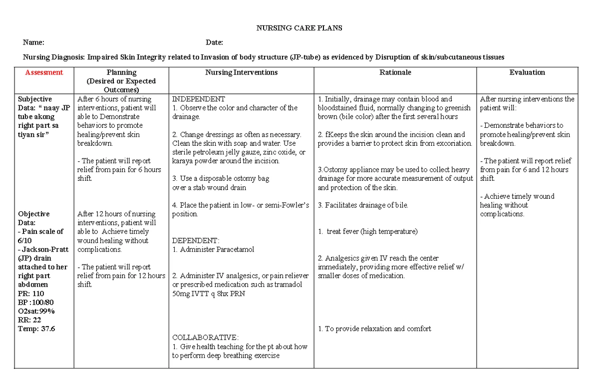 NCP Nursing Care Plan for Excess Fluid Volume Management - Studocu