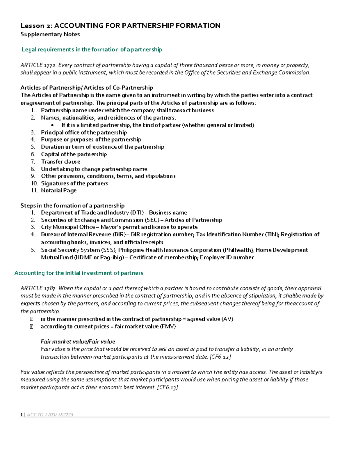 Acctg 1105 1S2223 Lesson 2: Partnership Formation & Accounting Notes ...