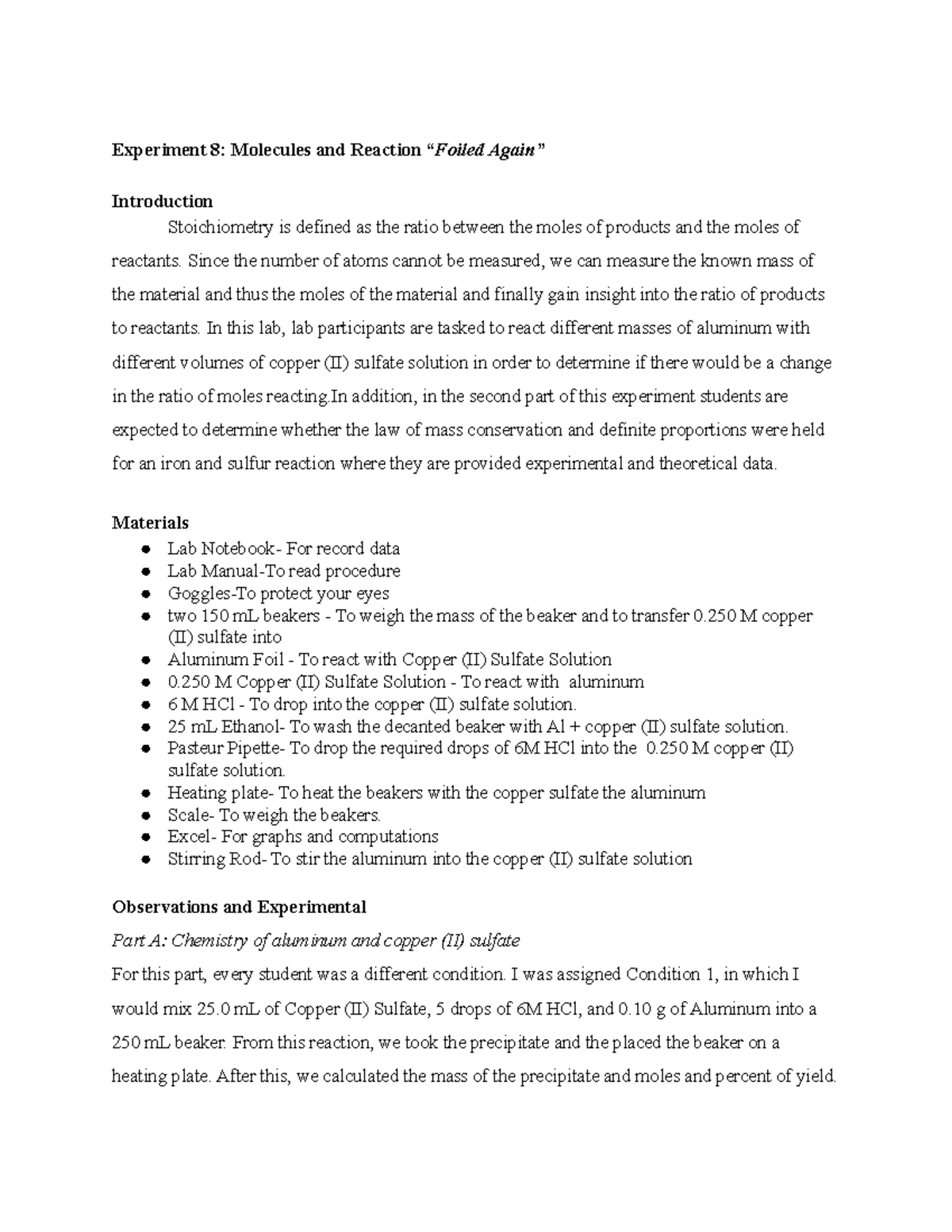Lab 8 - lab report for experiment 8 - Experiment 8: Molecules and ...