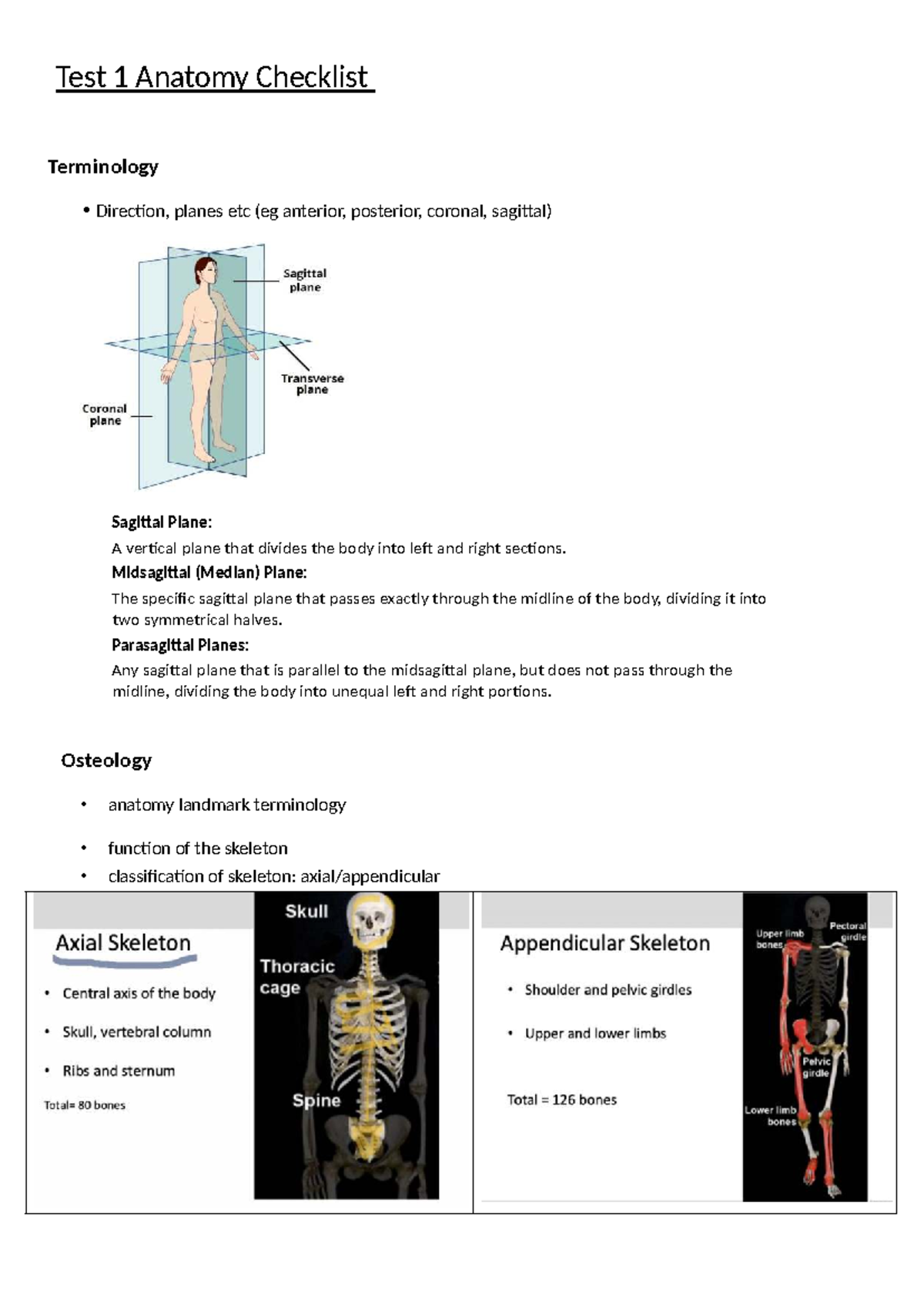 Anatomy Checklist for Test 1: Terminology & Joint Functions - Studocu