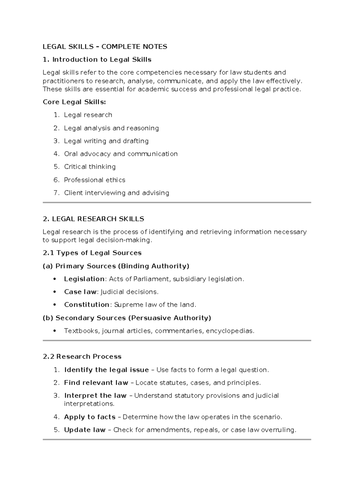 LEGAL SKILLS COMPLETE NOTES: Core Competencies for Law Students - Studocu