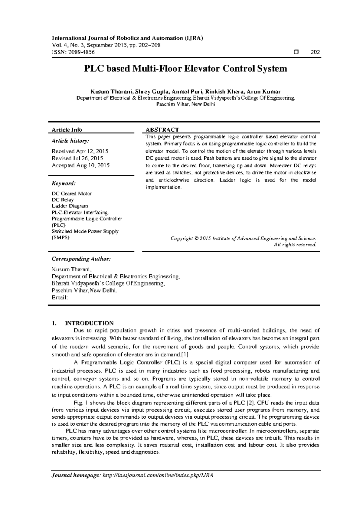 PLC based Multi-Floor Elevator Control System - International Journal ...