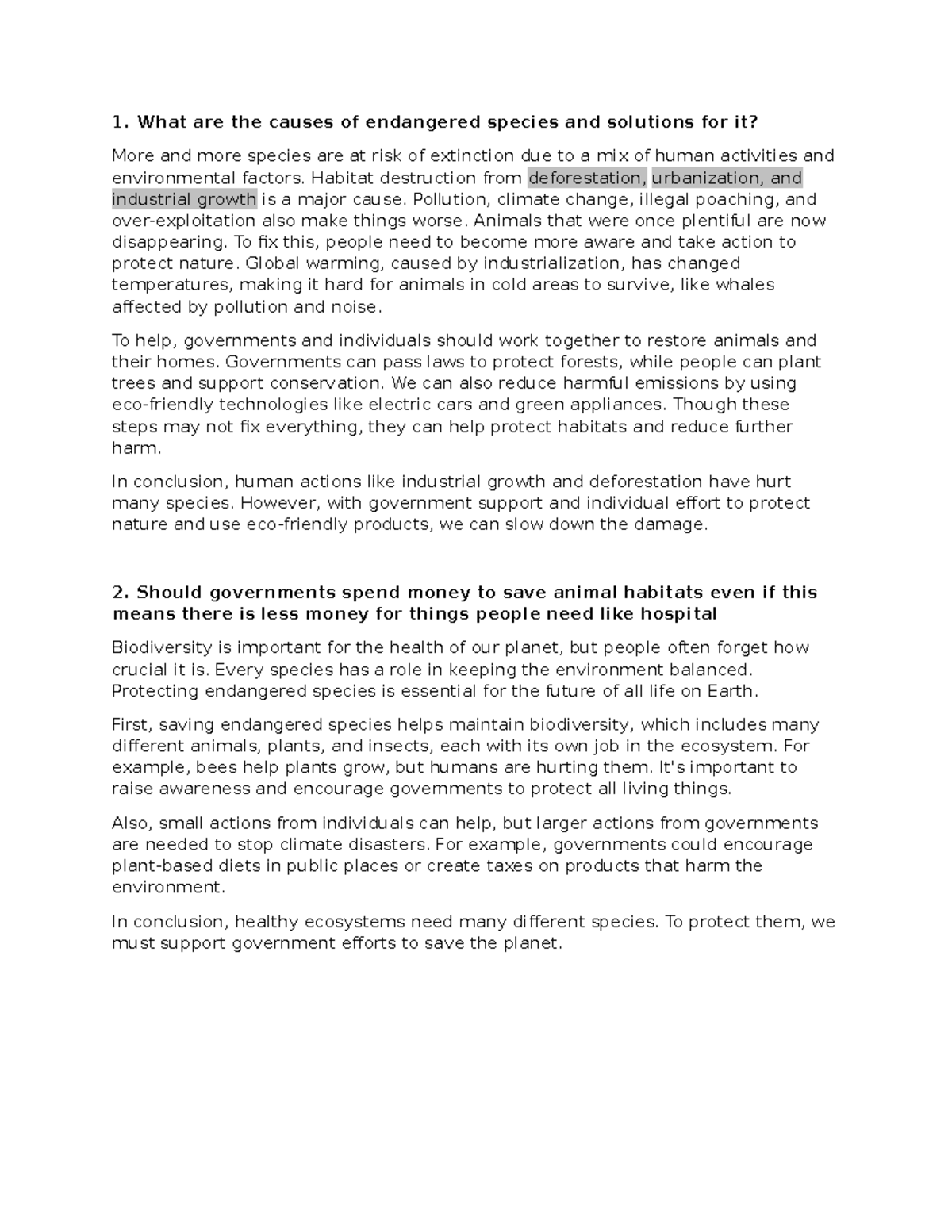 Causes and solutions for endangered species and climate change (Wt ...