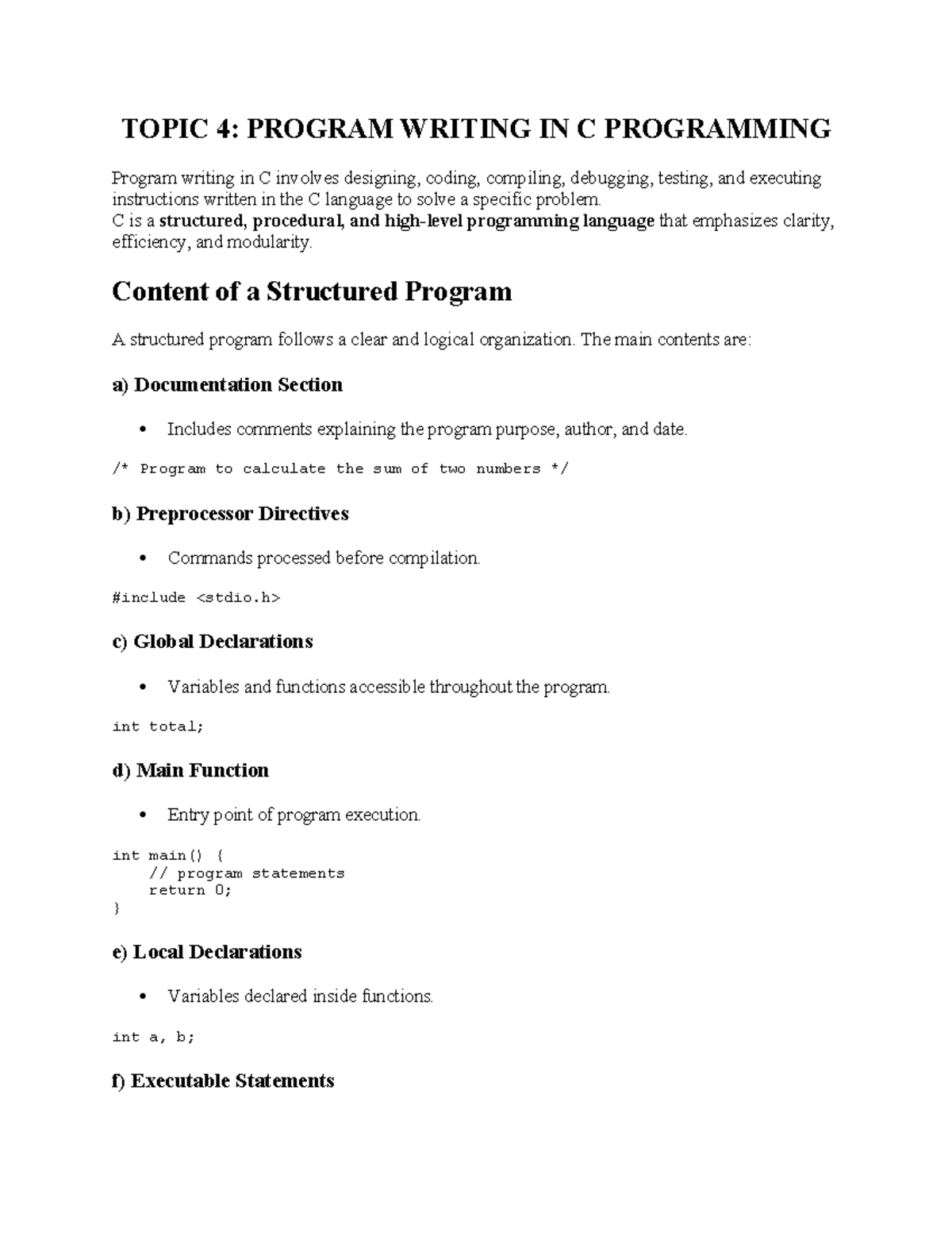 C Programming: Program Writing & Control Structures Overview - Studocu