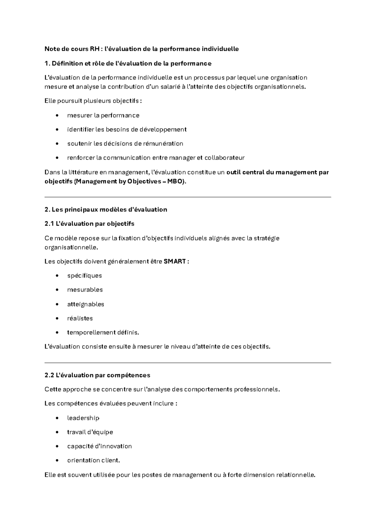 Note de cours RH : Évaluation de la Performance Individuelle - Studocu