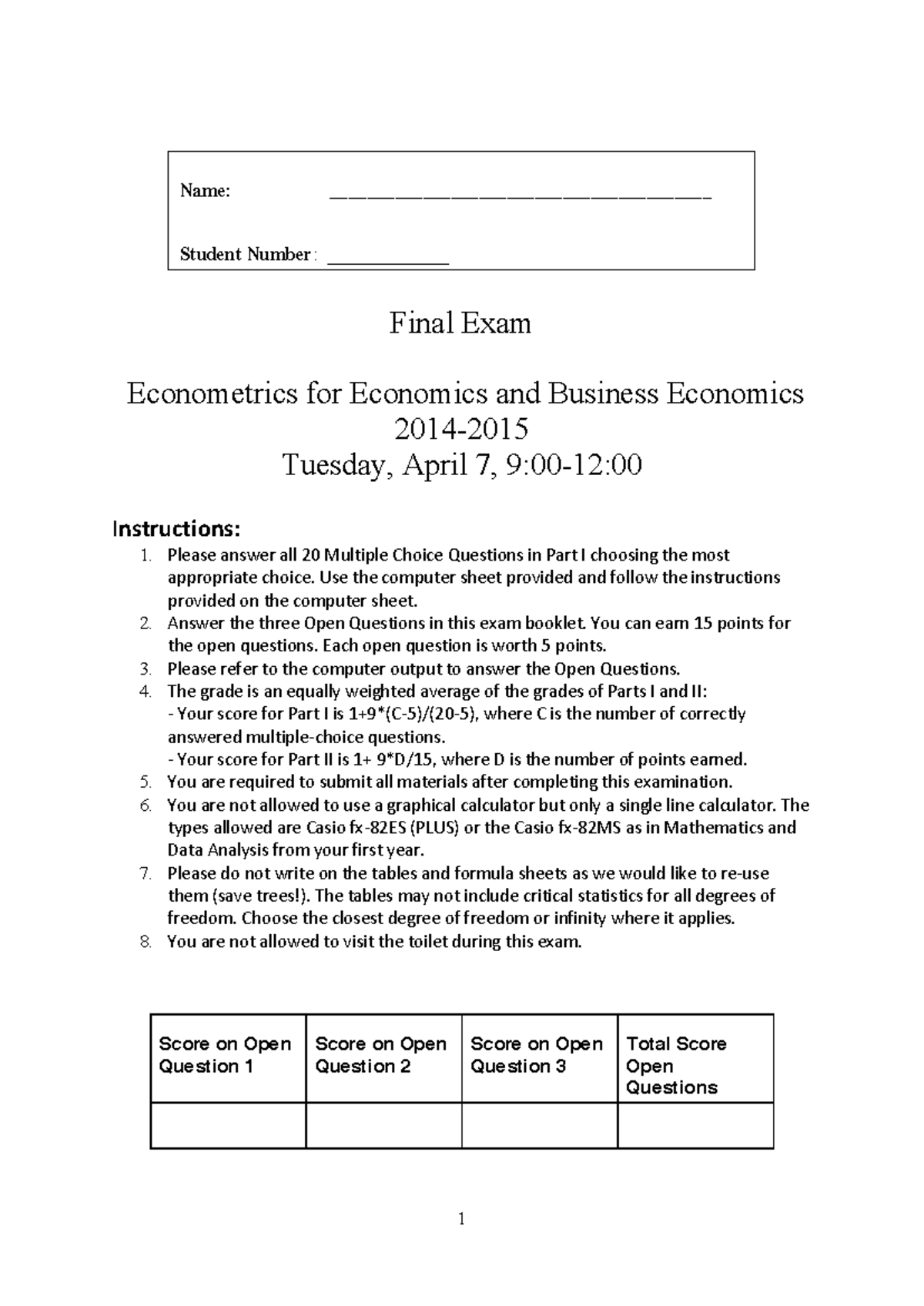 Econometrics Final Exam (ECON 2014) - Questions & Answers - Studeersnel