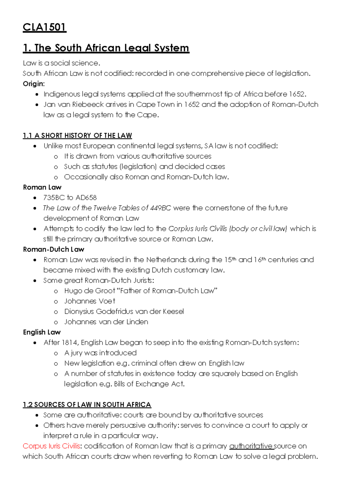 CLA1501 Summary of the South African Legal System and Sources of Law ...