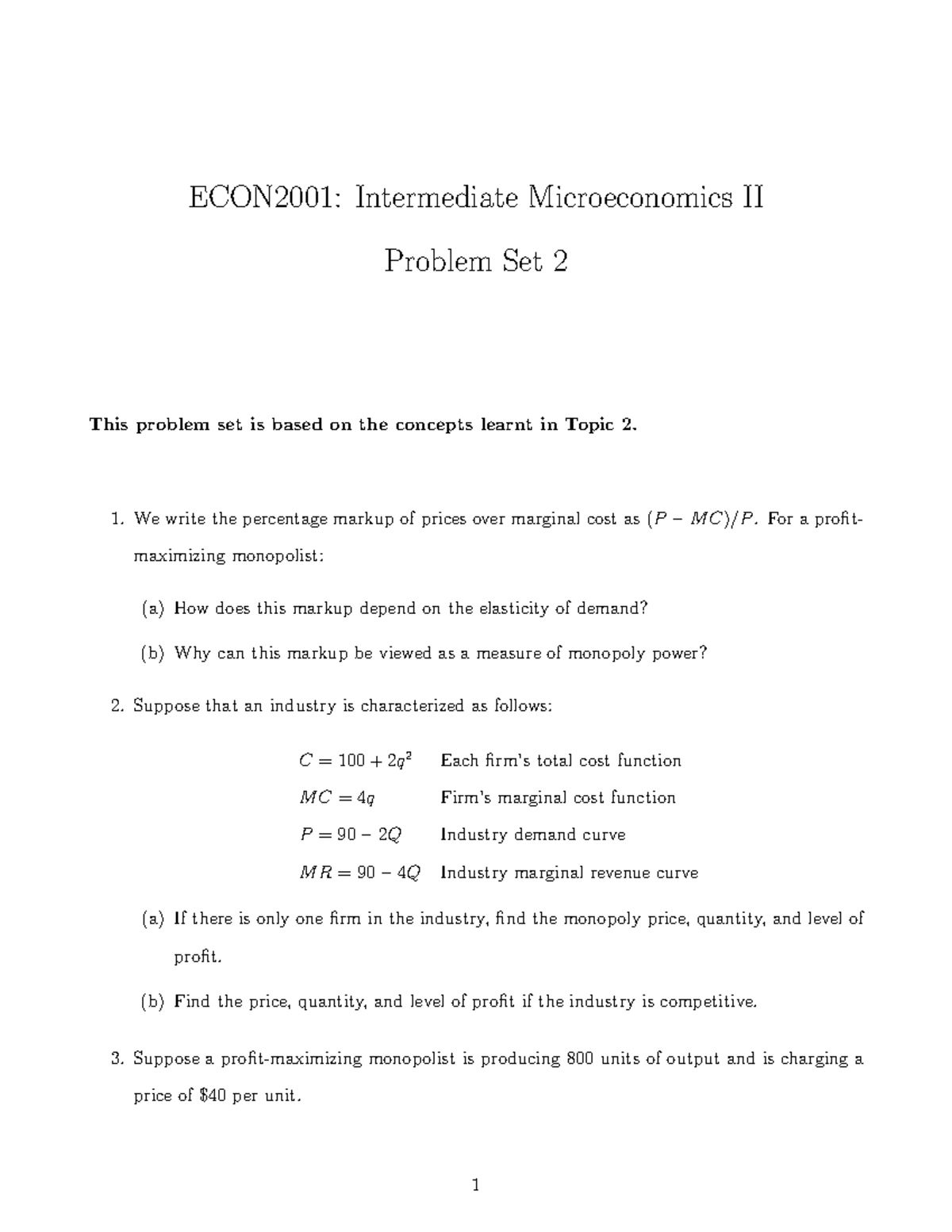 ECON2001 Problem Set 2 - Practice Questions - ECON2001: Intermediate ...