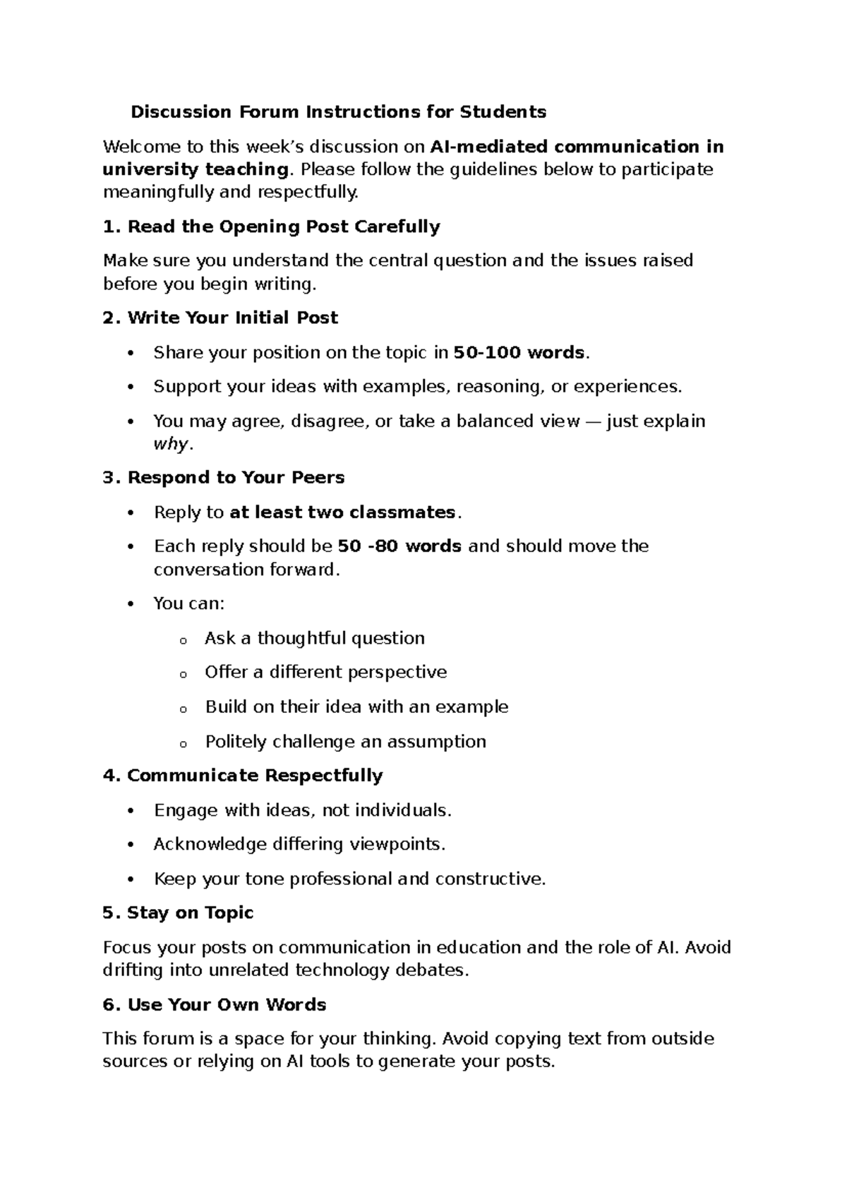Discussion Forum Guidelines for Effective Communication in Teaching ...
