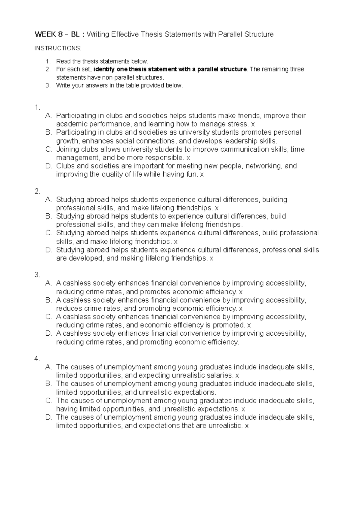 WEEK 8 BL: Analyzing Thesis Statements with Parallel Structure - Studocu