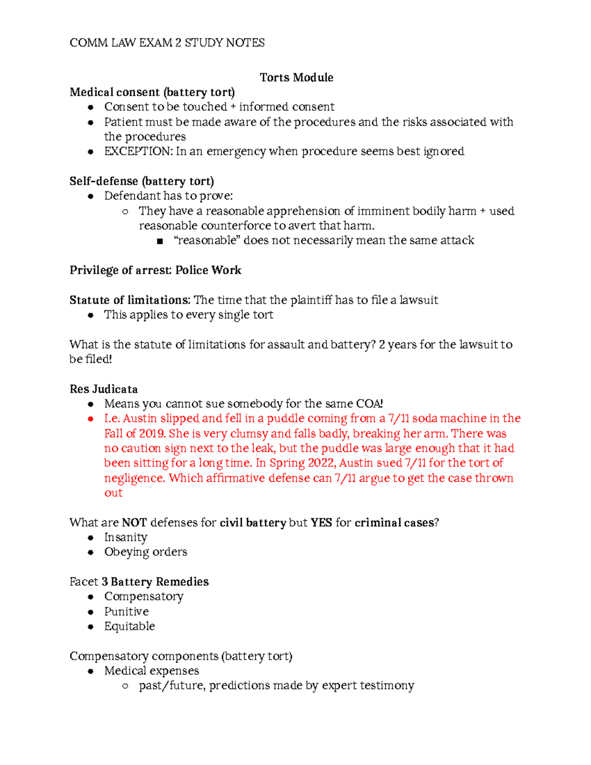 LAW 2 EXAM Study Notes: Torts, Negligence, and Contract Formation - Studocu