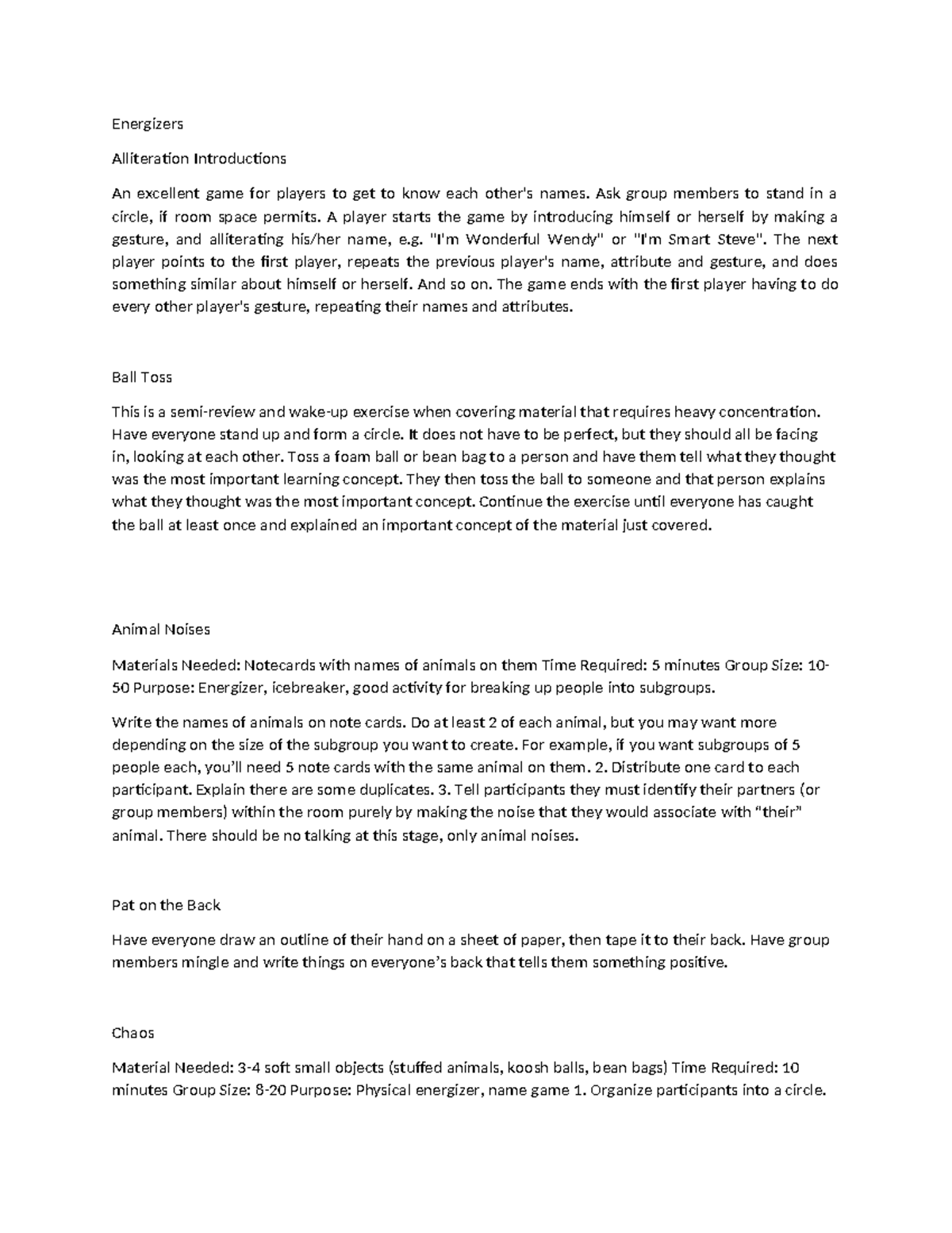 Energizers - good - Energizers Alliteration Introductions An excellent ...
