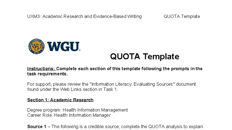 UXM3: QUOTA Template for Academic Research in Health Information ...