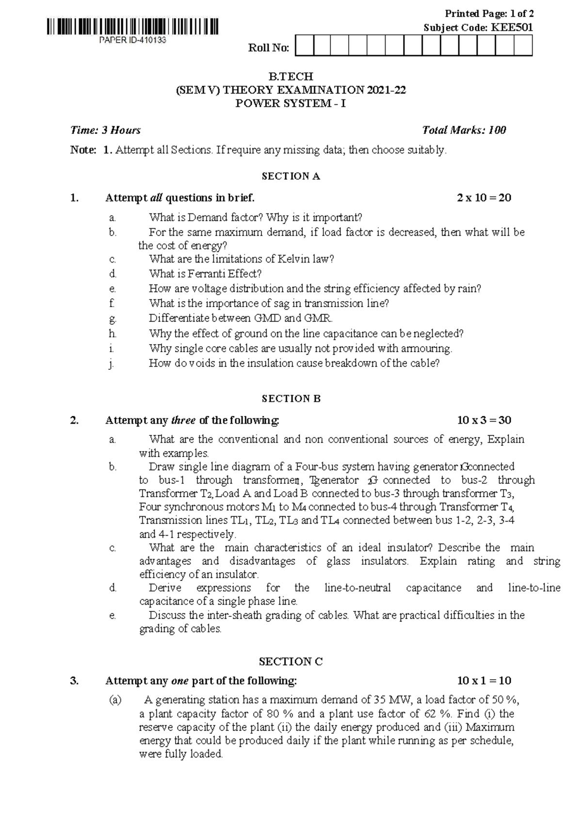 KEE501 Power System I - B.Tech Sem V Theory Exam Notes - Studocu