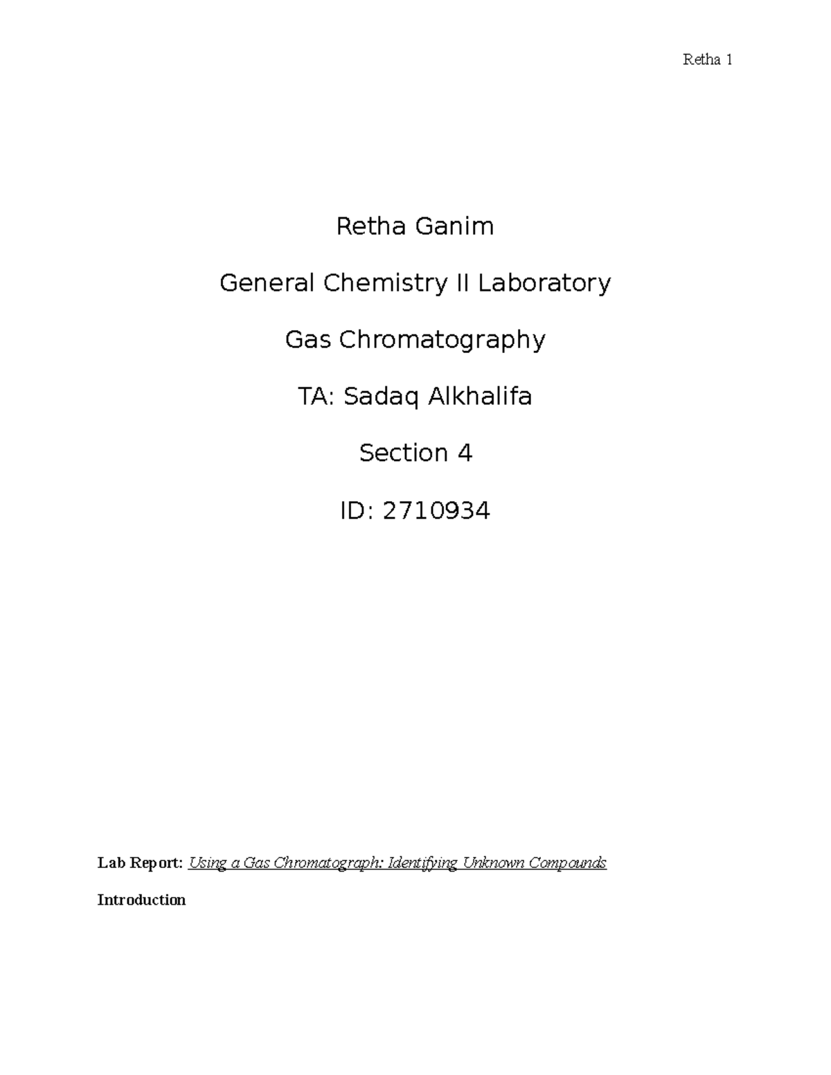 Gas Chromatography Lab Report - Chem II Lab (ID: 2710934) - Studocu