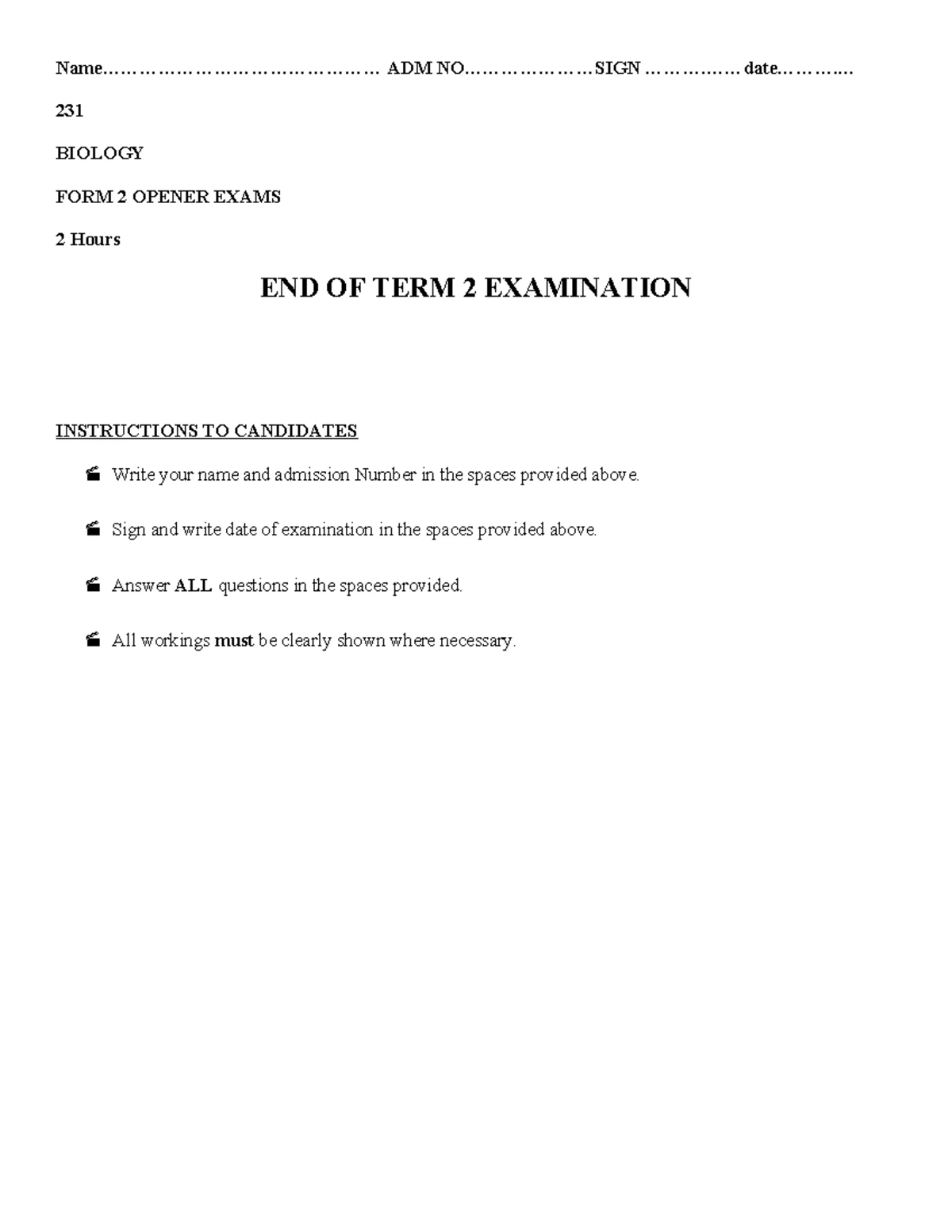 BIOLOGY FORM 2 END TERM 2 MARKING SCHEME - Studocu