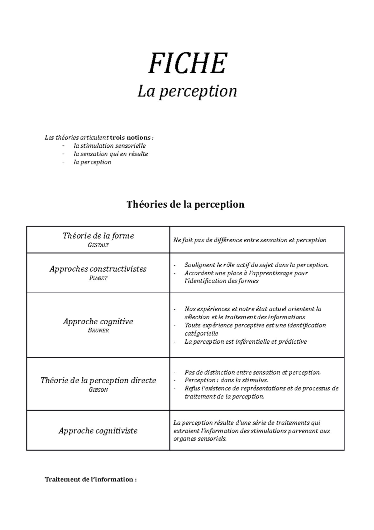 Fiche TD2 - Notes de cours Sciences cognitives - FICHE La perception ...