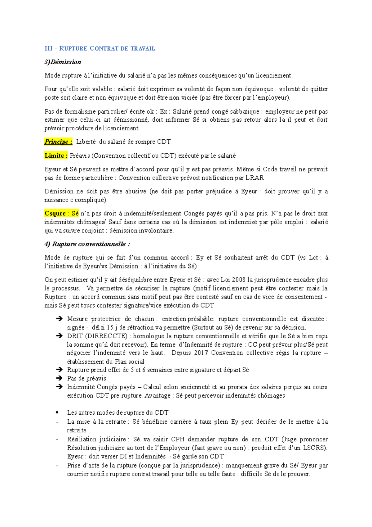 Cours Droit Social 5 - Démission - RC - Licenciement - III - RUPTURE ...