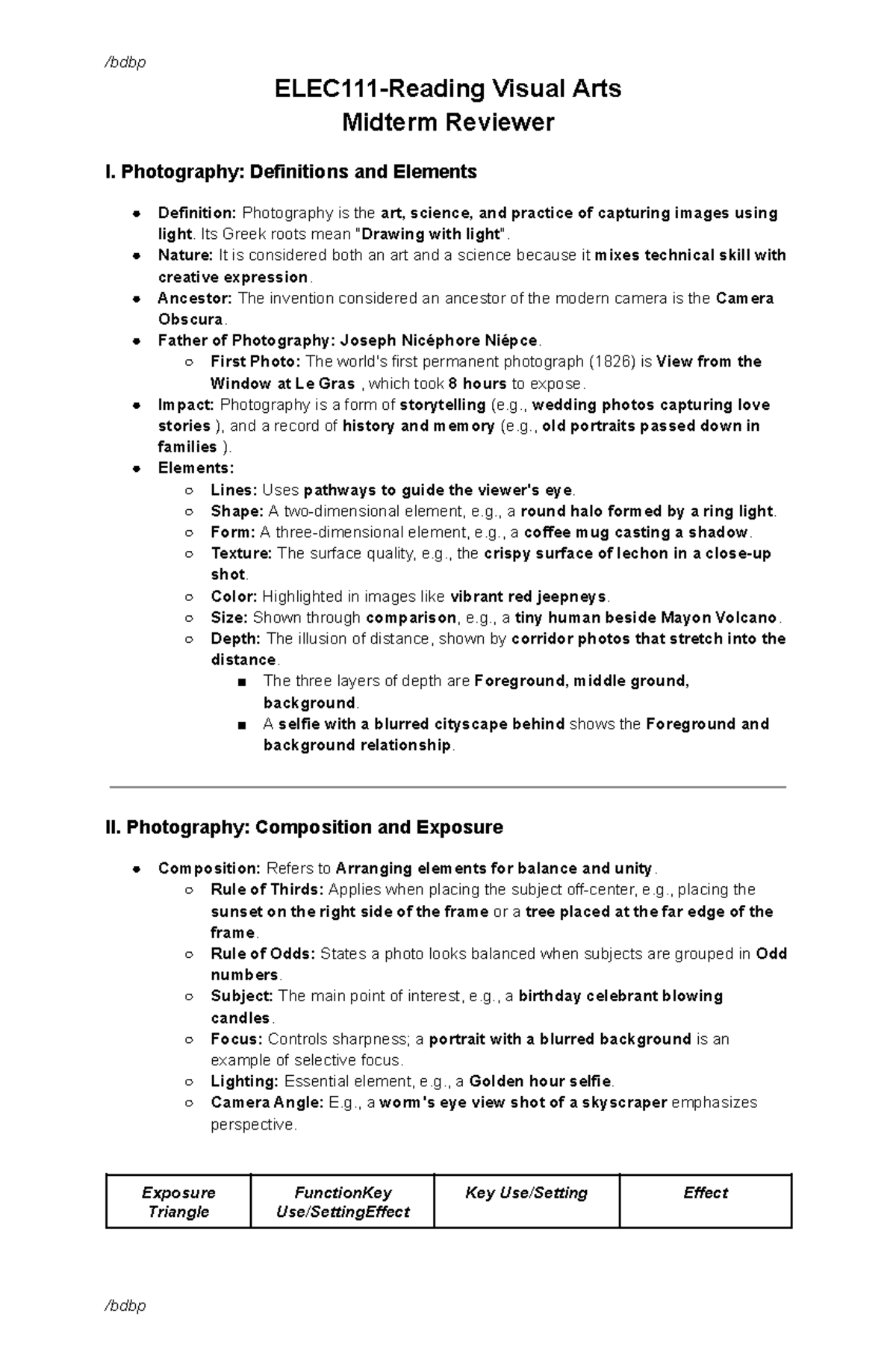 ELEC111 Midterm Reviewer: Visual Arts & Photography Essentials - Studocu