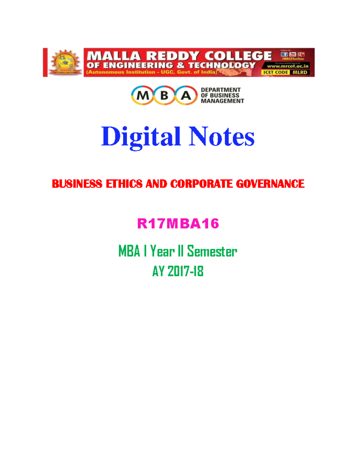 Business Ethics & Corporate Governance - R17MBA MBA 1st Year Notes - Studocu