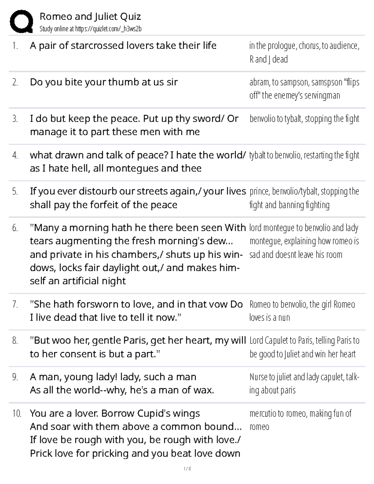 Romeo and Juliet Quotes Quiz Study Guide (ENG 101) - Studocu