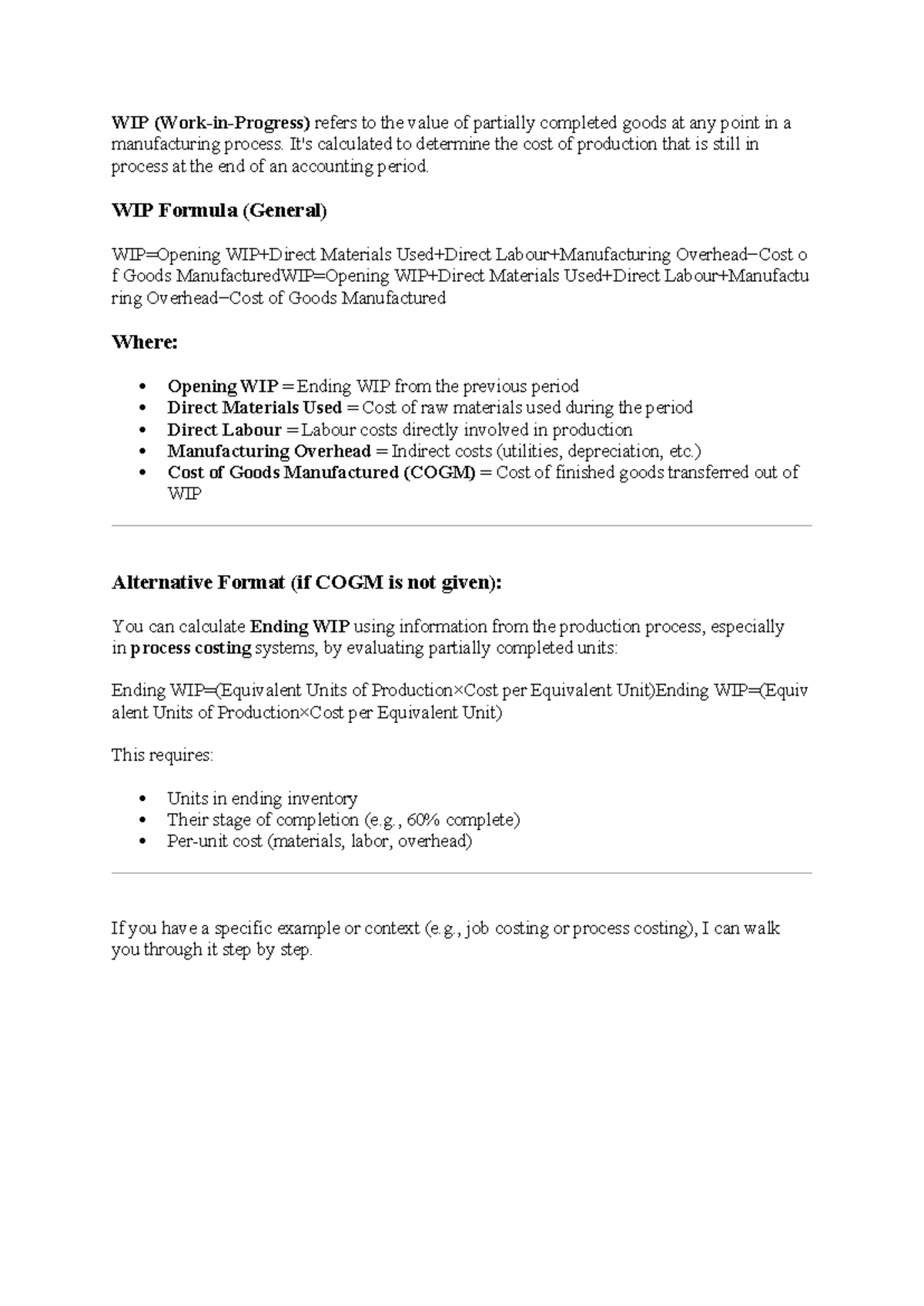 WIP Example: Summary of Cost Management in Manufacturing Processes ...