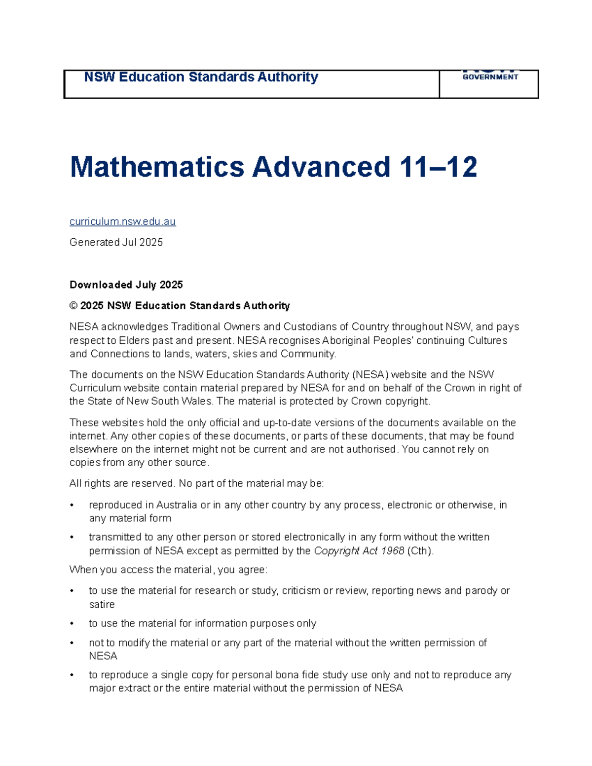NESA Mathematics Advanced Curriculum 11-12 Overview 2024 - Studocu