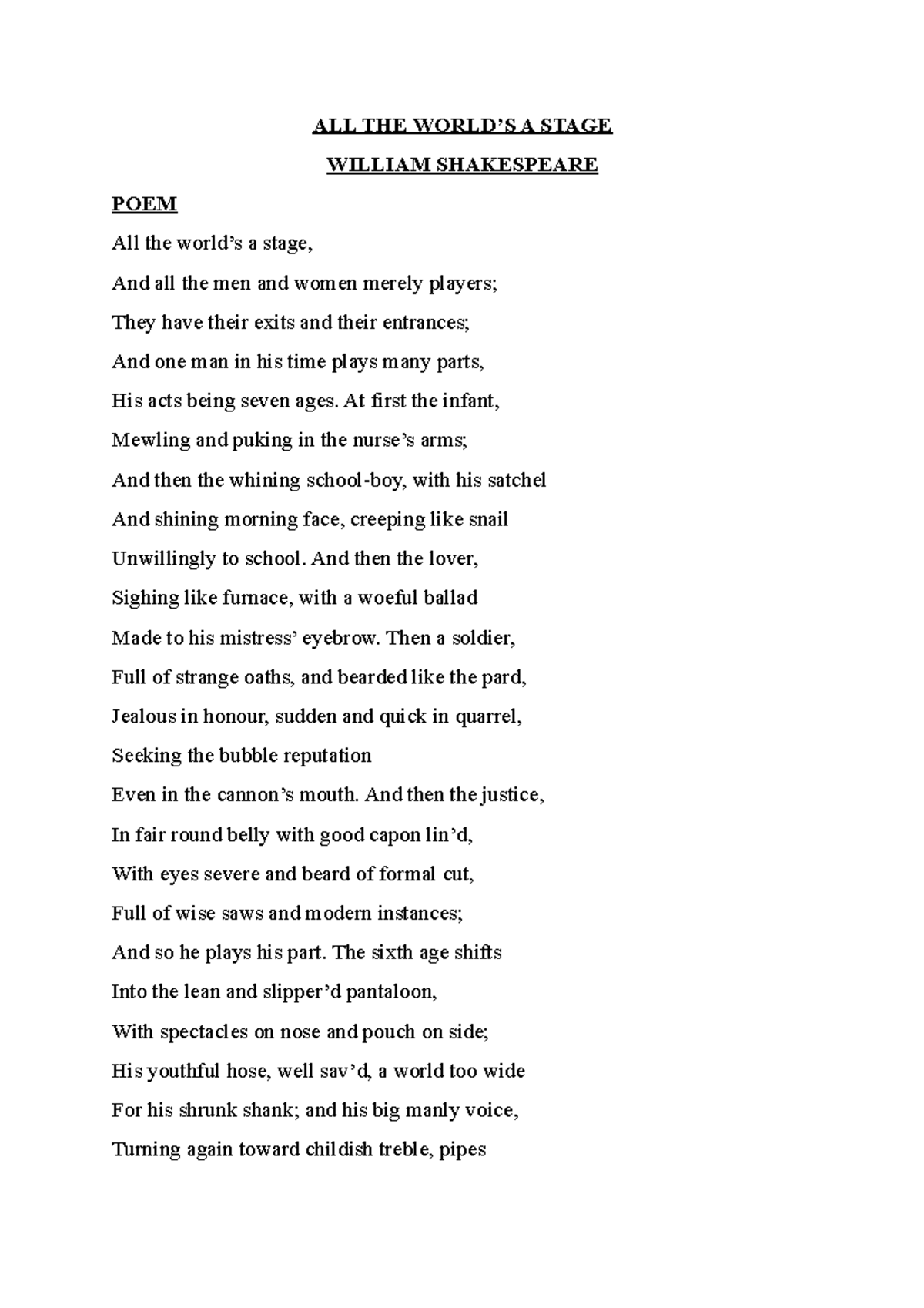 ALL THE World Is a Stage - ALL THE WORLD’S A STAGE WILLIAM SHAKESPEARE ...