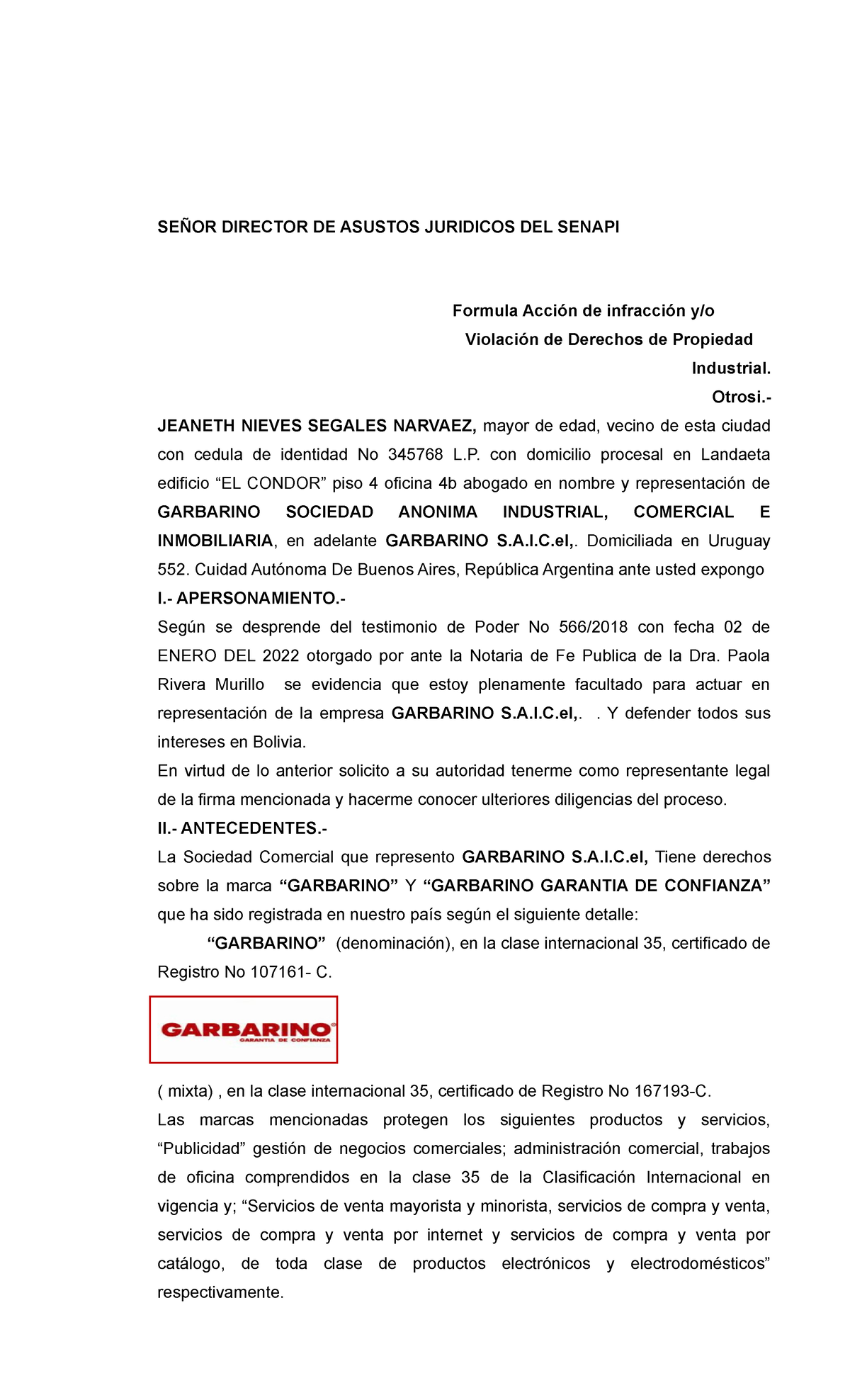 Acción de Infracción y Violación de Derechos de Propiedad Industrial ...