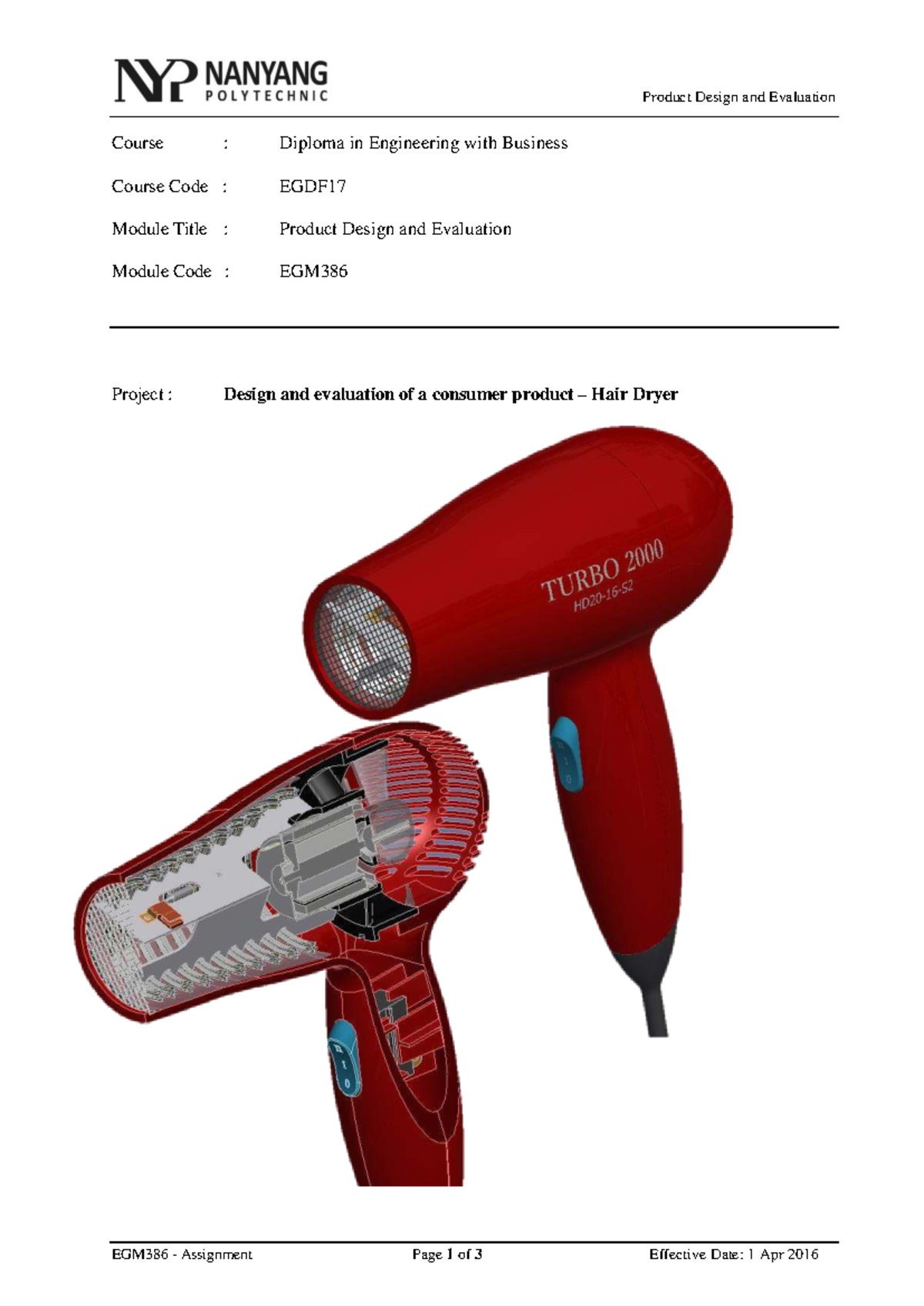 EGM386 Product Design & Evaluation: Hair Dryer Project Guide - Studocu