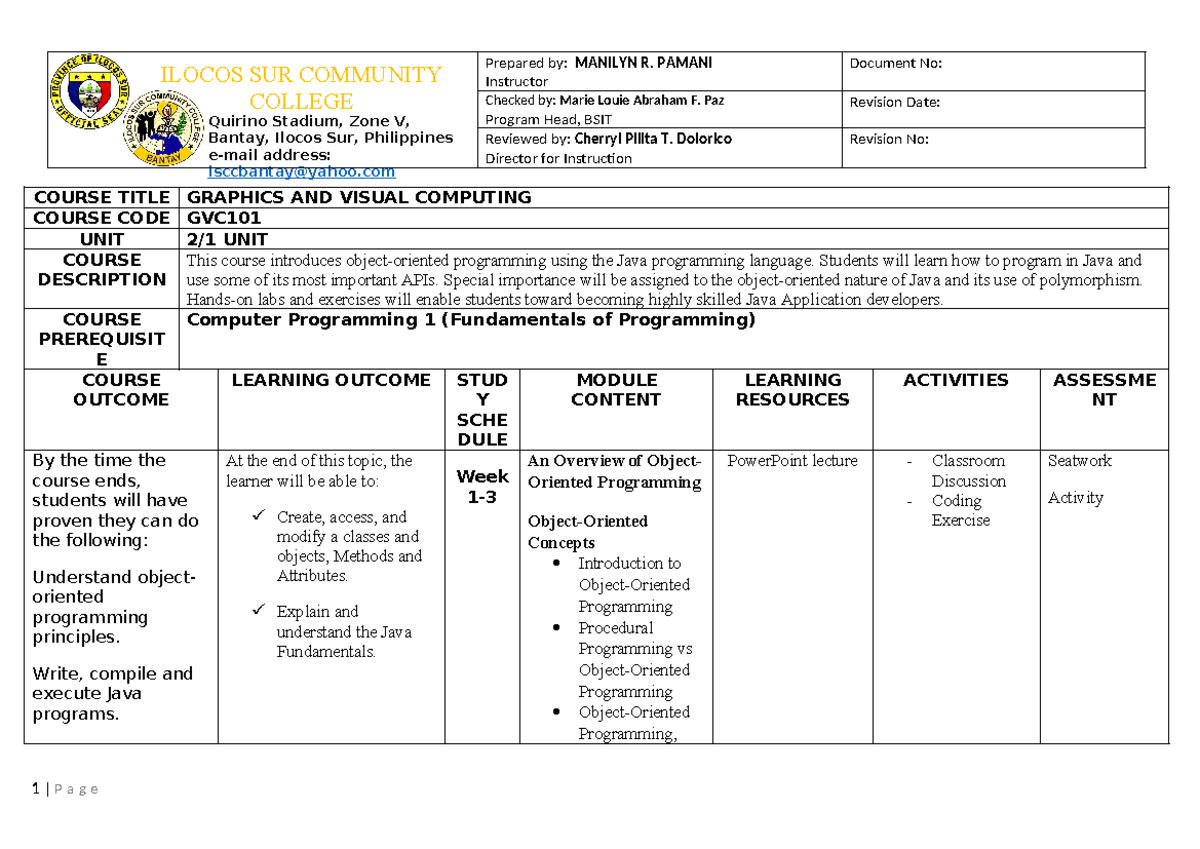 GVC - Graphics and Visual Computing Syllabus Overview & Schedule - Studocu