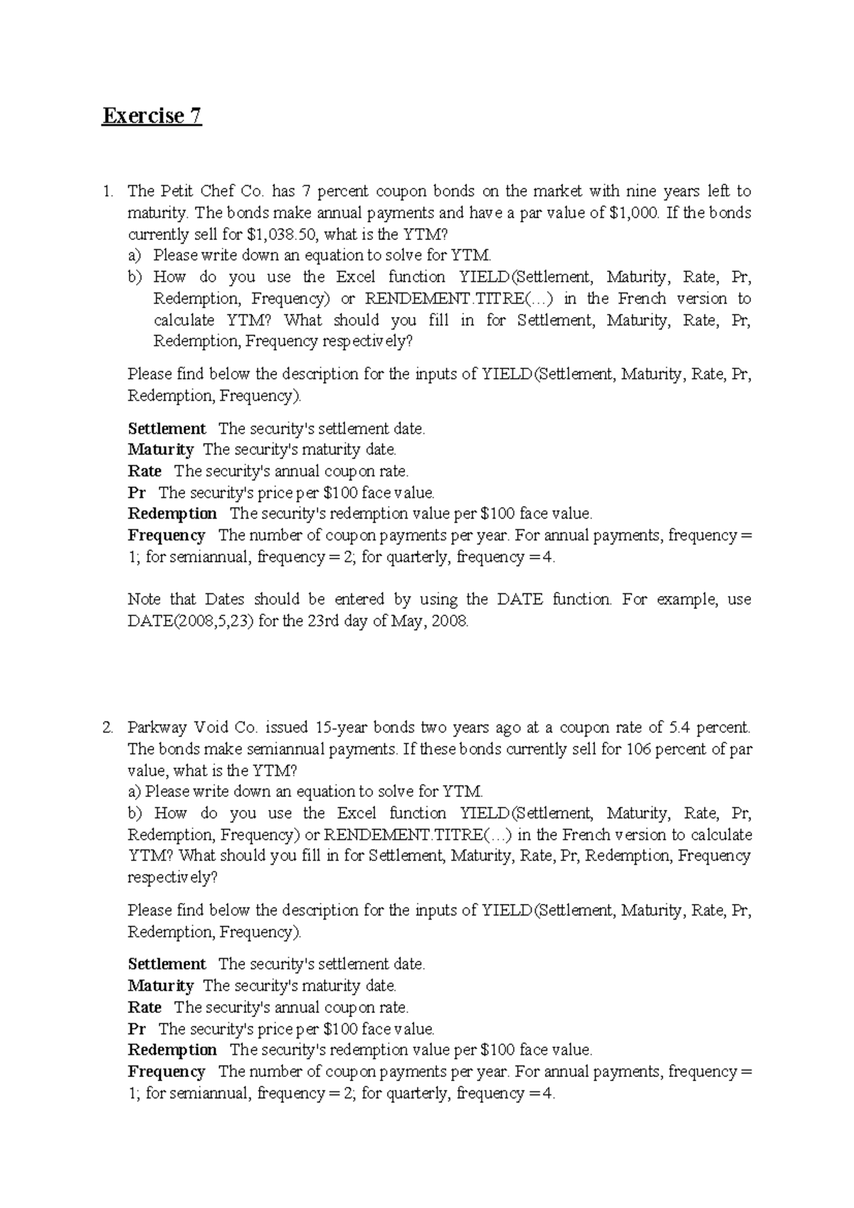 Exercise 7 - YTM Calculation for Bonds and Excel Function Guide - Studocu