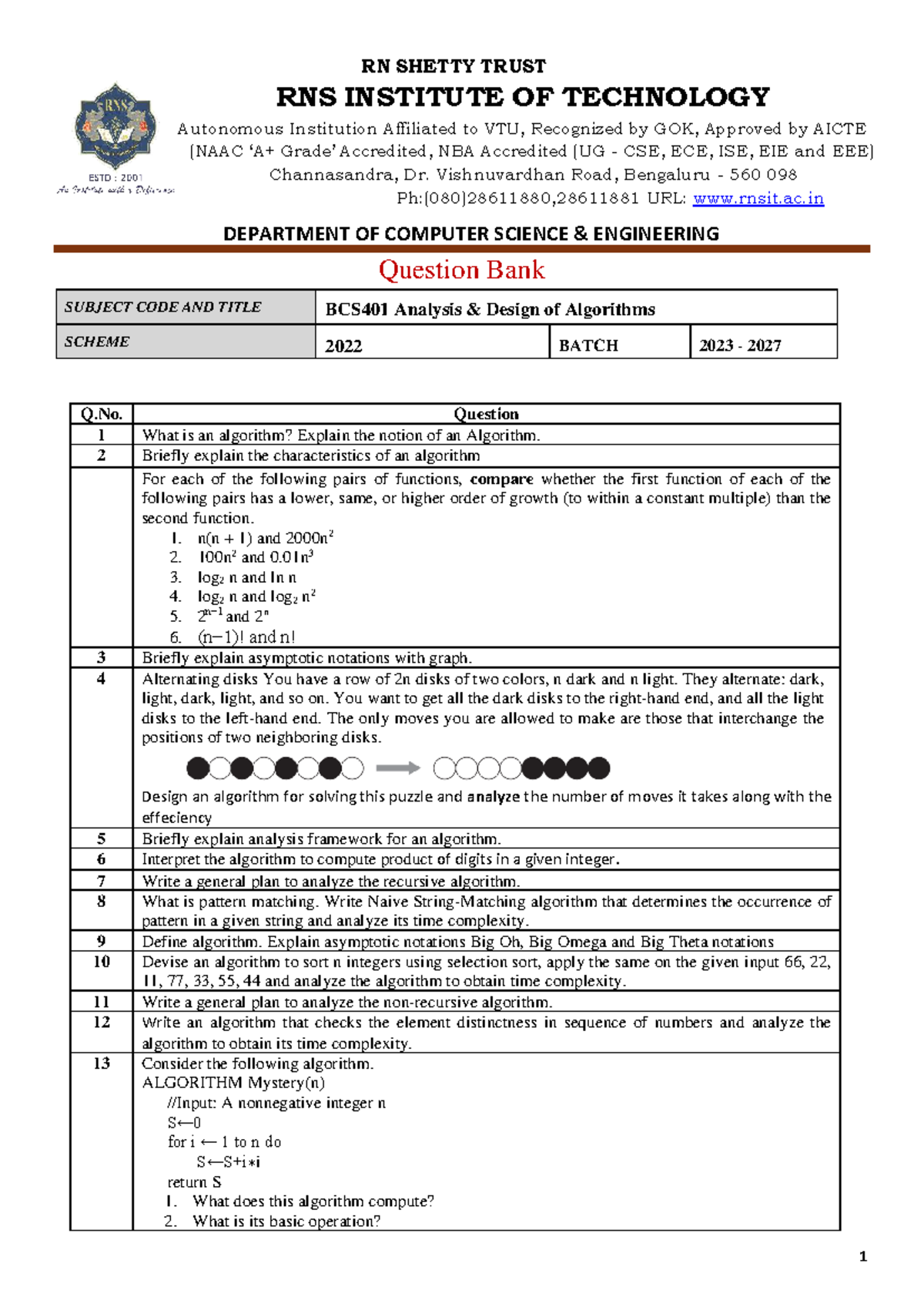 Question Bank for BCS401: Analysis & Design of Algorithms (Batch 2023 ...