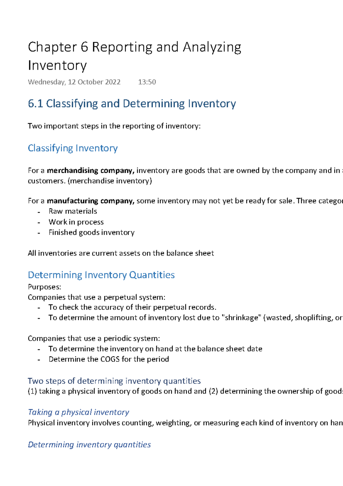 Chapter 6 BCOR 2110 - Notes - 6 Classifying and Determining Inventory ...