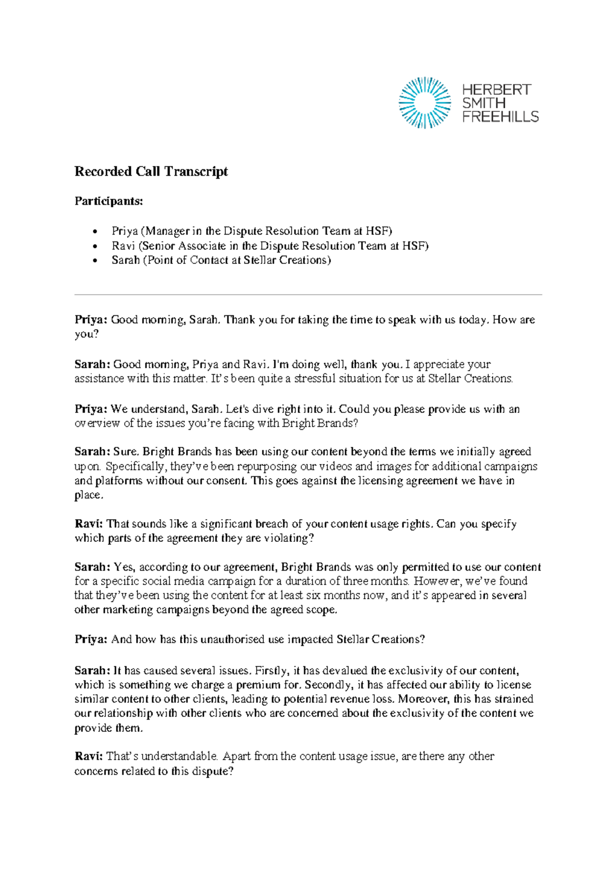 Task 1 - Recorded Call Transcript: Dispute with Bright Brands - Studocu
