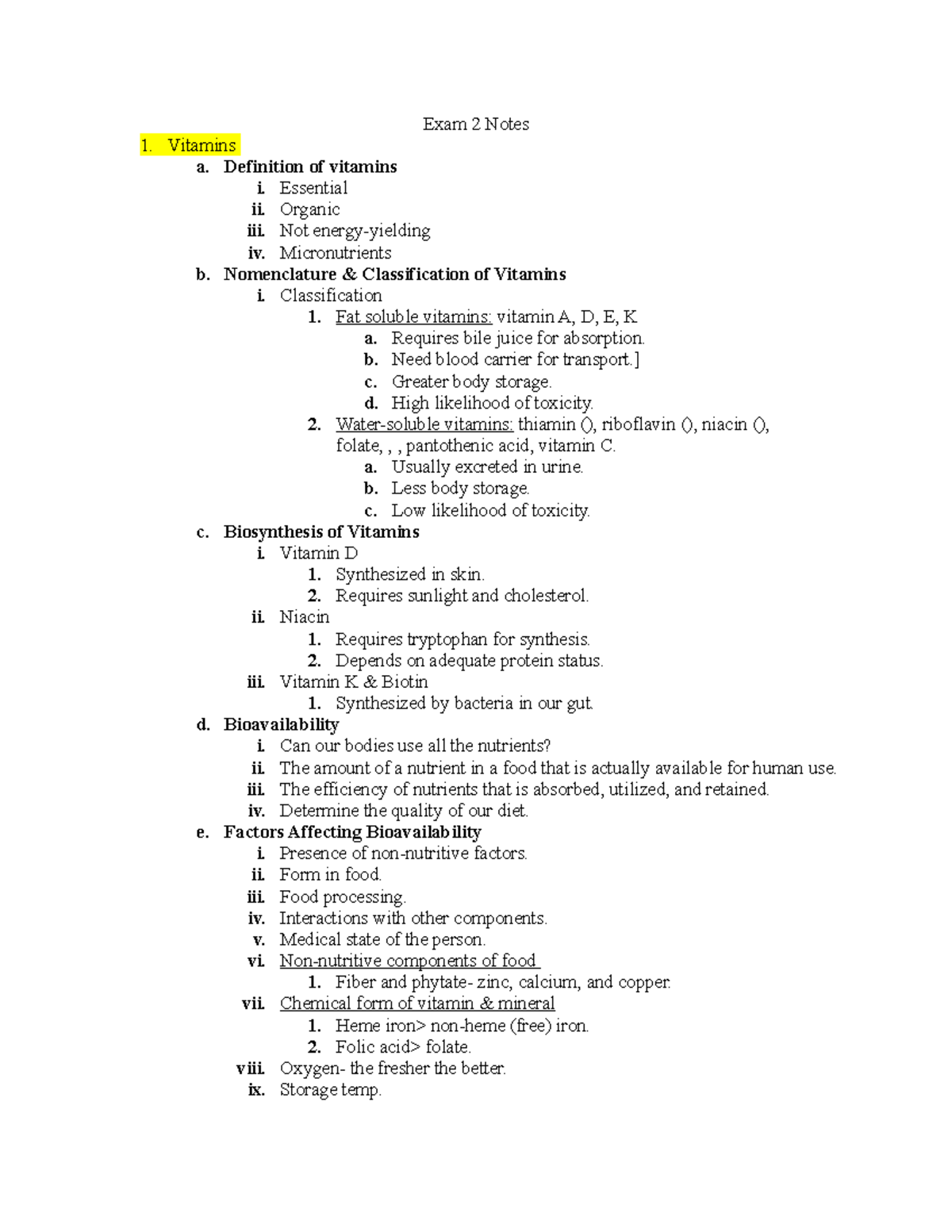 Exam 2 Review Guide - Exam 2 Notes Vitamins a. Definition of vitamins i ...